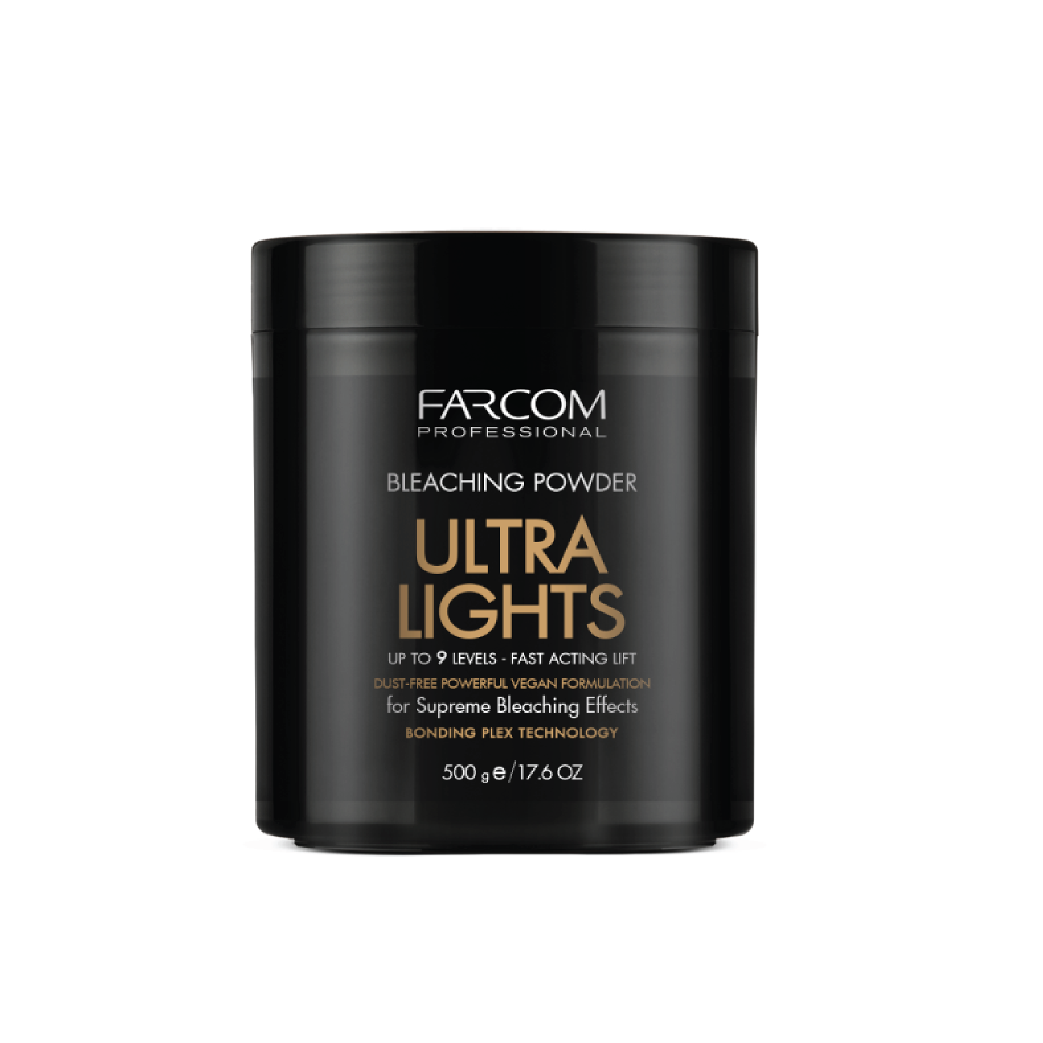 “FARCOM Professional Ultra Lights Bleaching Powder 500g – high-performance hair lightener with Bonding Plex technology, lifts up to 9 levels, fast-acting, dust-free, creamy texture, vegan-friendly, ideal for natural or colored hair.”