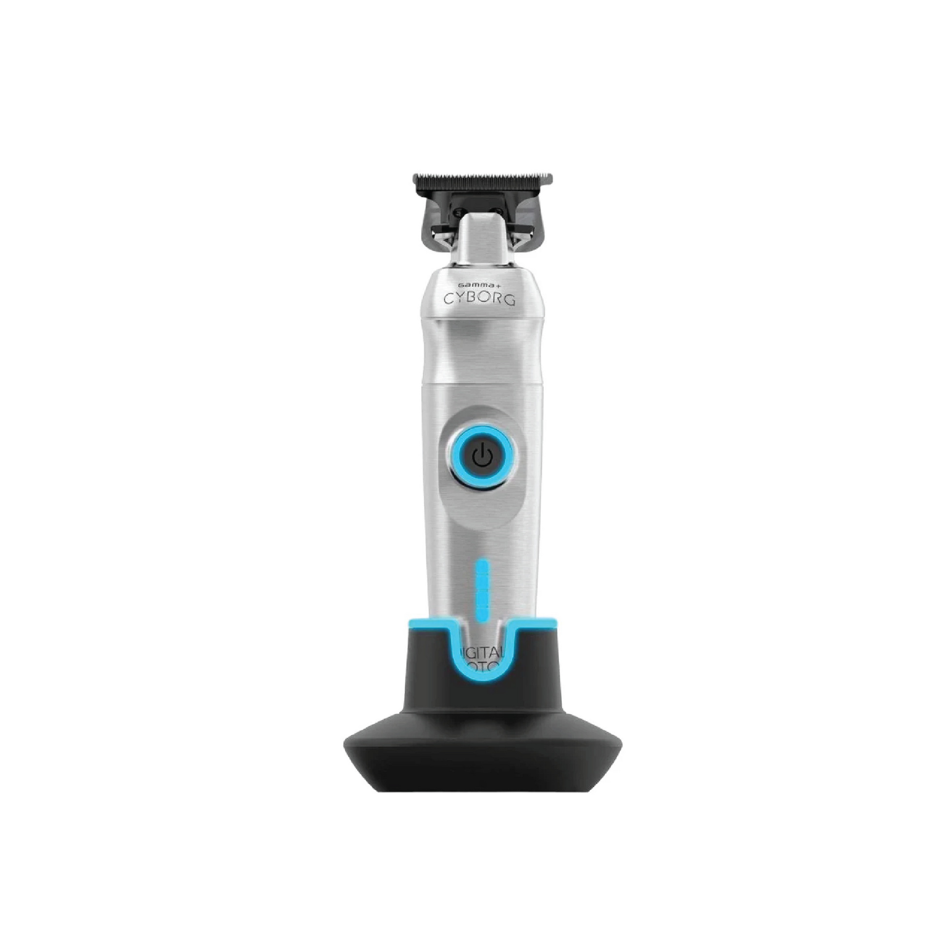 Gamma+ Cyborg Trimmer with metallic skeleton body, zero-gap T-blade setup, and illuminated power button—ideal for professional detailing.