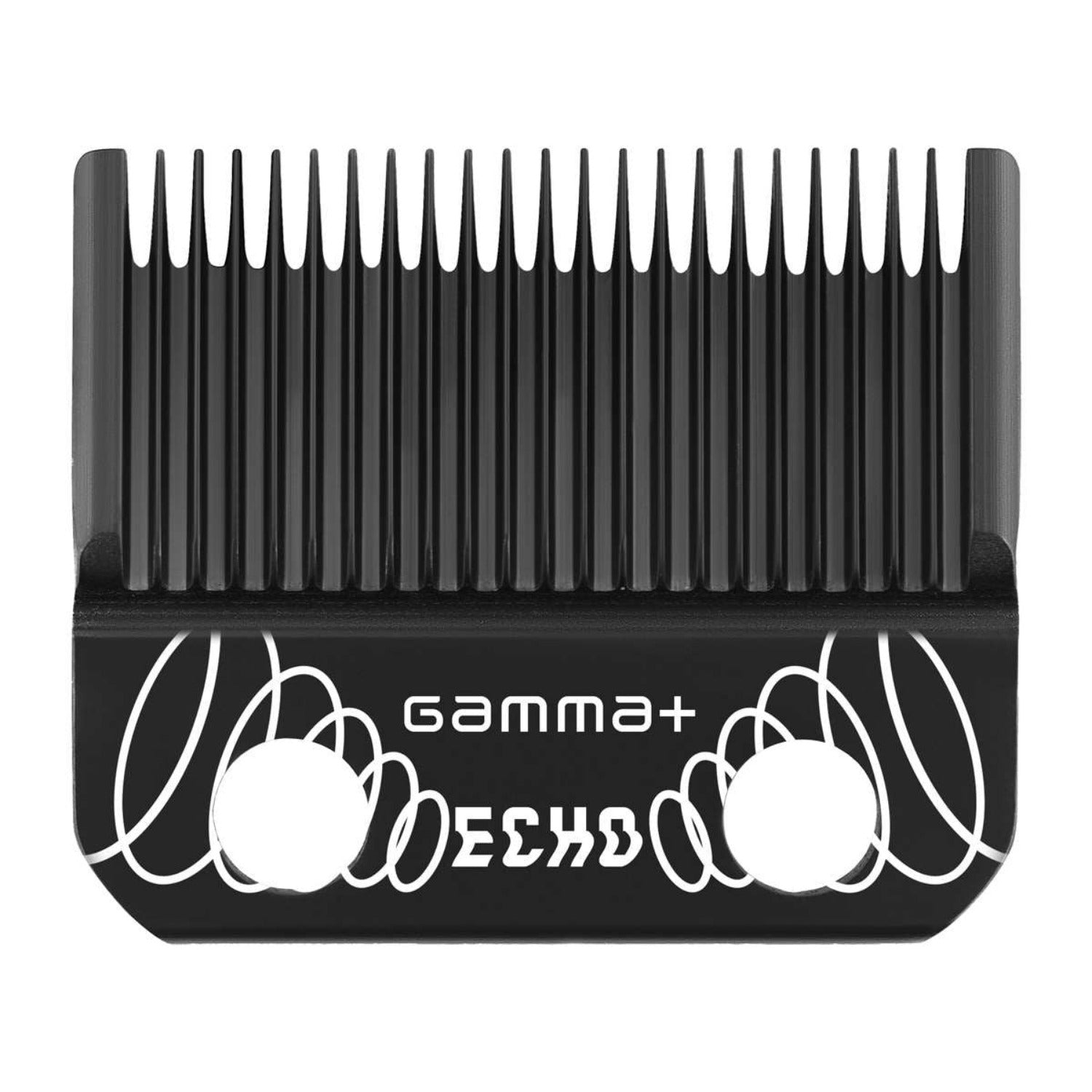 “Gamma+ Echo DLC Deep‑Tooth Fixed Clipper Blade mounted on a Gamma+/StyleCraft clipper, black carbon finish, angled view highlighting deep tooth design.”