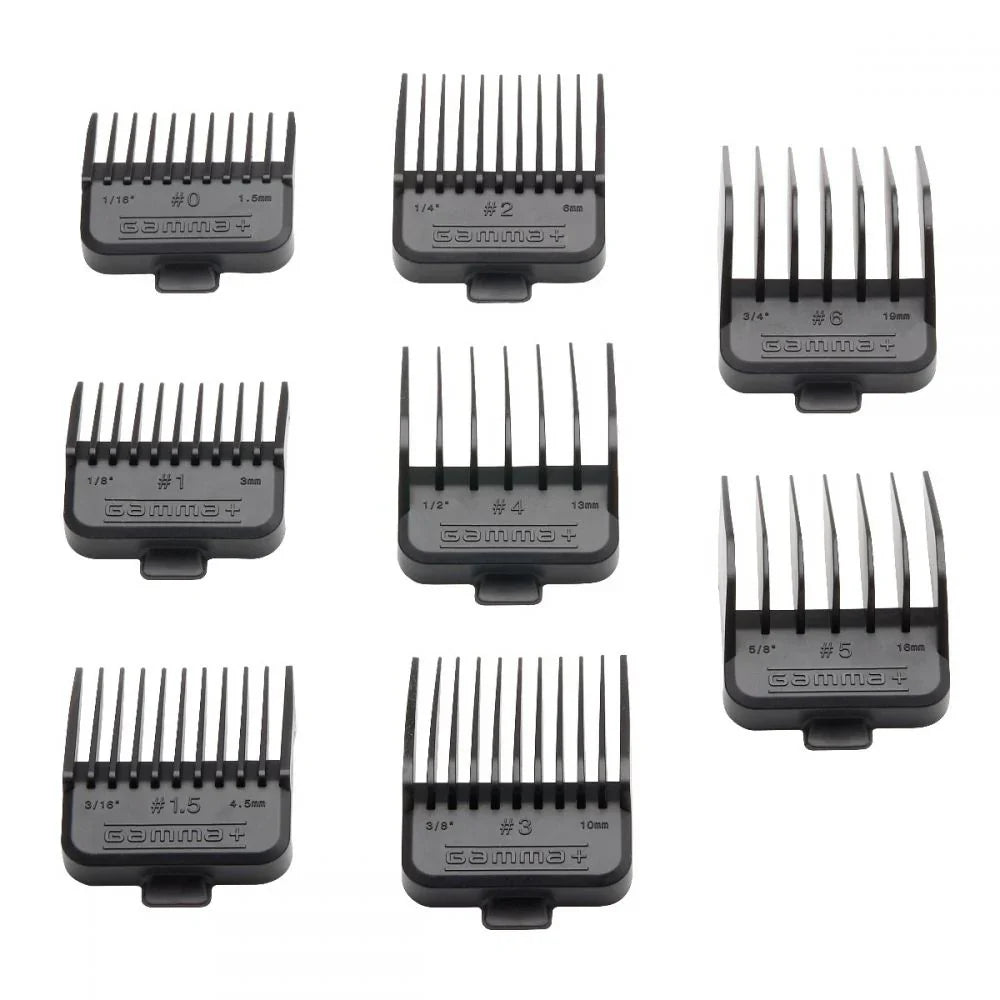 Gamma + Set of eight black hair clipper combs with labeled sizes on a white background