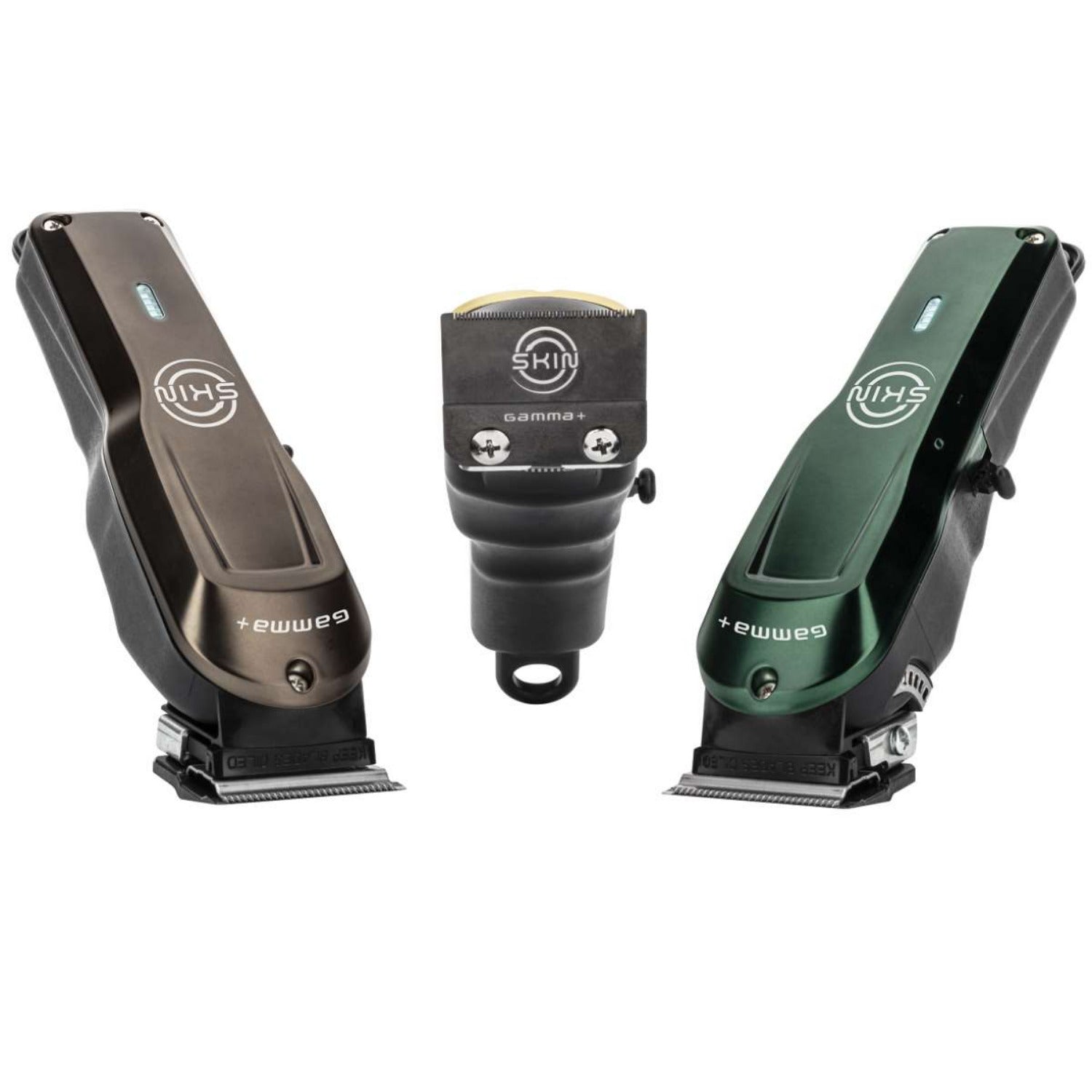  “Gamma+ SKIN cordless balding clipper with matte green skin, 45 mm Black Diamond Carbon DLC blade, ergonomic grip, and five magnetic guard attachments arranged around the base.”