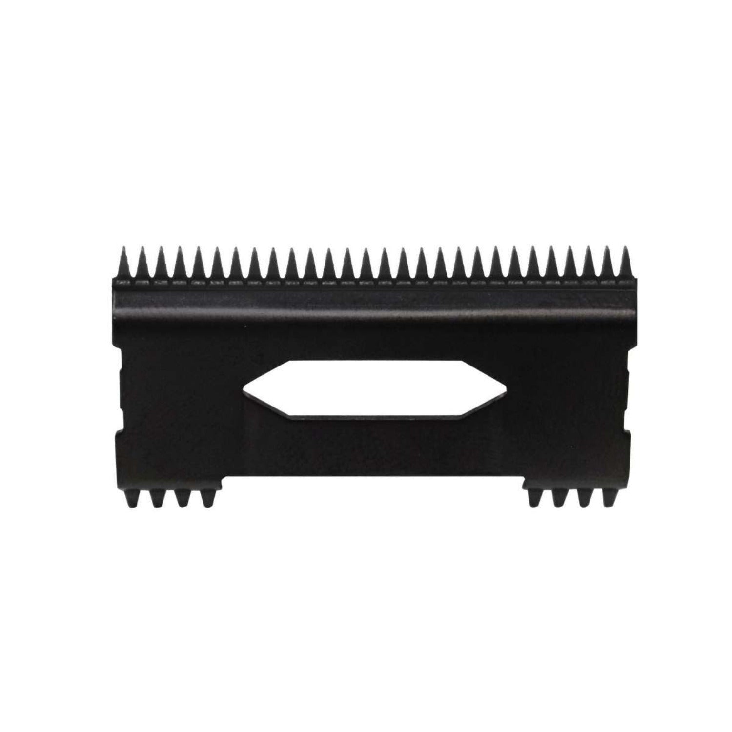  “Gamma + Slim Deep DLC Black Diamond moving clipper blade, slim and coated, shown at an angle highlighting fine teeth and glossy finish”