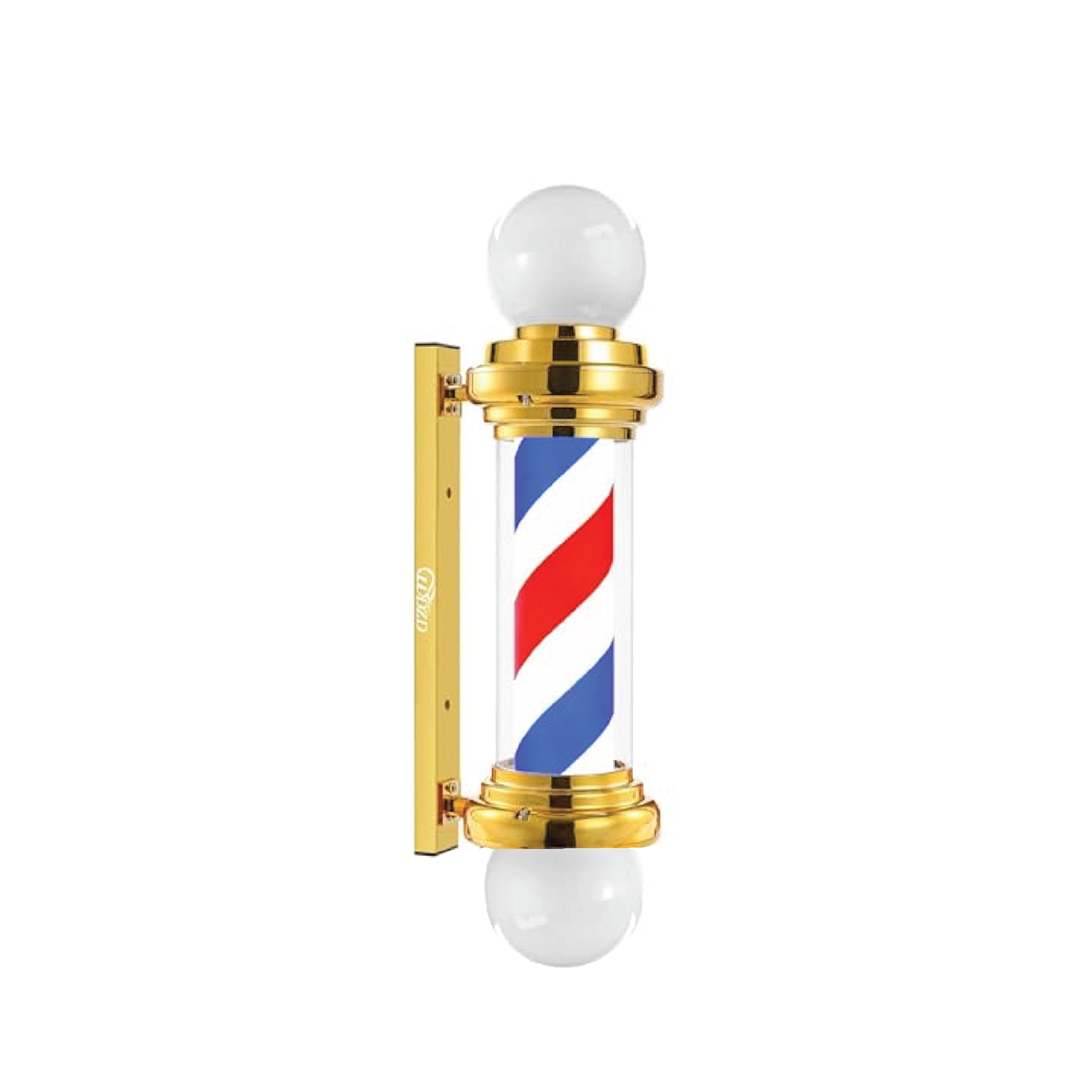 “Gold and white rotating 40-inch LED barber pole with two glowing white globes mounted on a wall.”