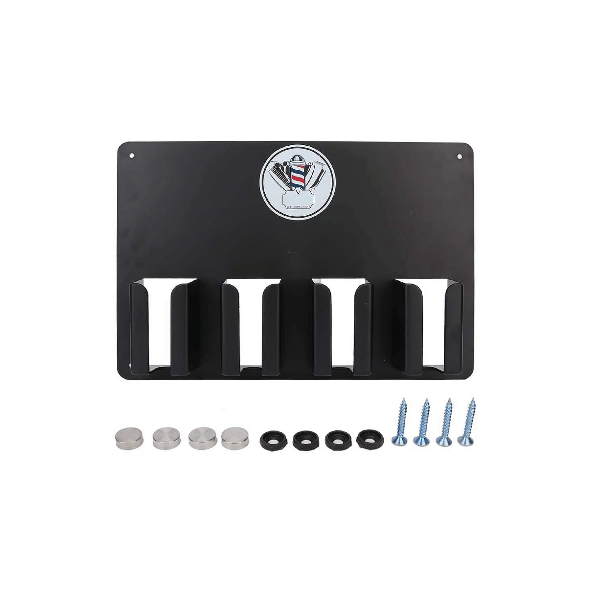 Wall-mounted hair clipper rack designed to hold clippers, trimmers, and grooming tools securely