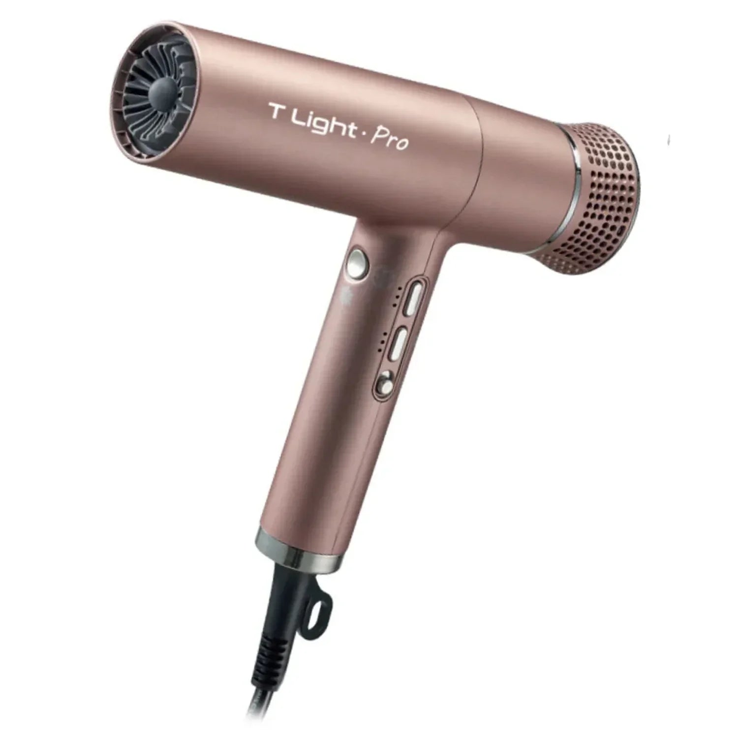 “InFashion T Light Pro hair dryer in rose gold with sleek ergonomic handle and concentrator nozzle attached.”