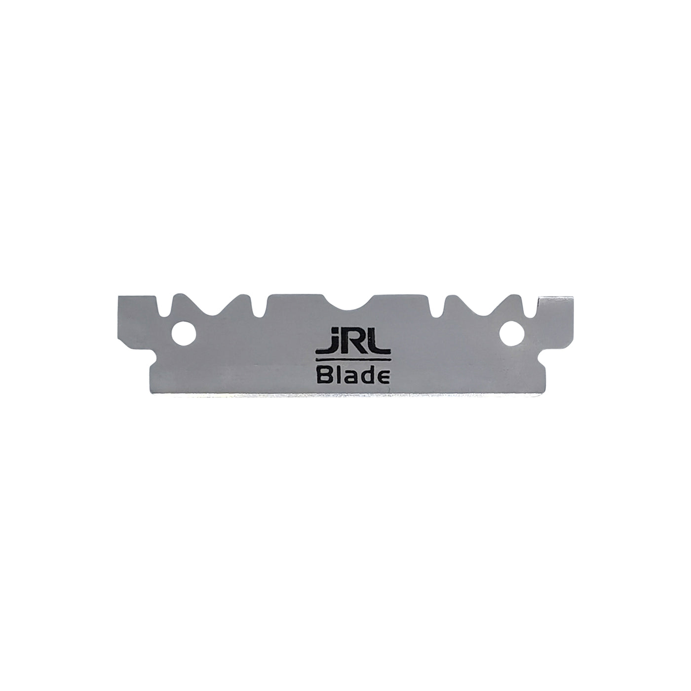 Metal razor blade with 'JRL Blade' branding on a white background