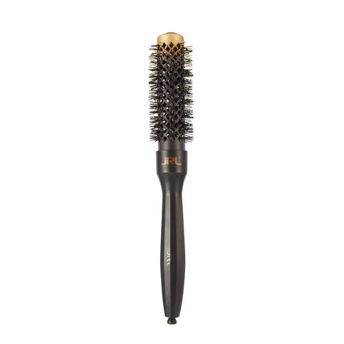 Black round hairbrush with gold accents on a white background