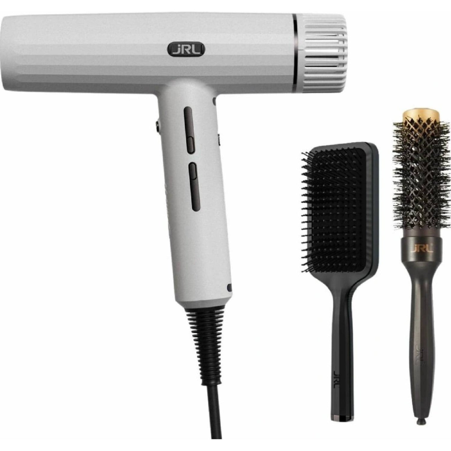  JRL Ghost Forte Pro Hair Dryer – Lightweight black dryer with digital motor and ionic technology, shown with magnetic attachments.