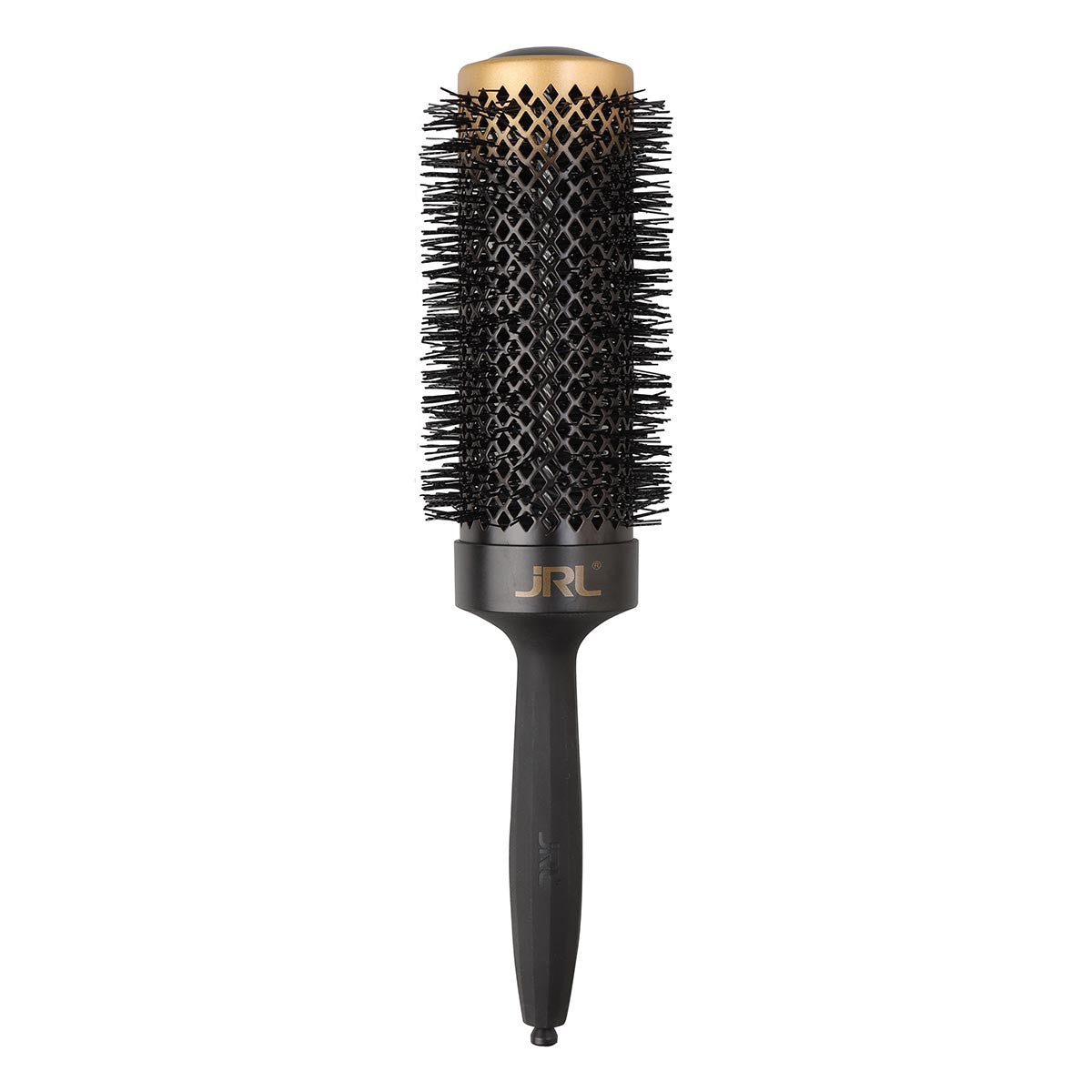 Black round hairbrush with gold bristle head on a white background