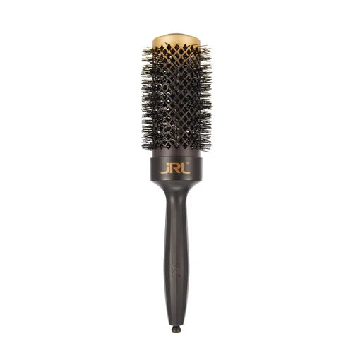 Black round hairbrush with gold accents on a white background