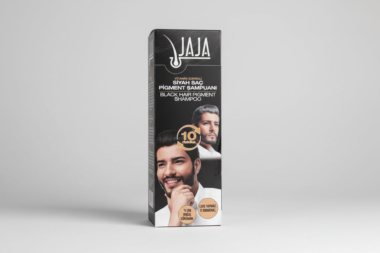Jaja black Hair Shampoo box on a shelf with a man's face on it.

