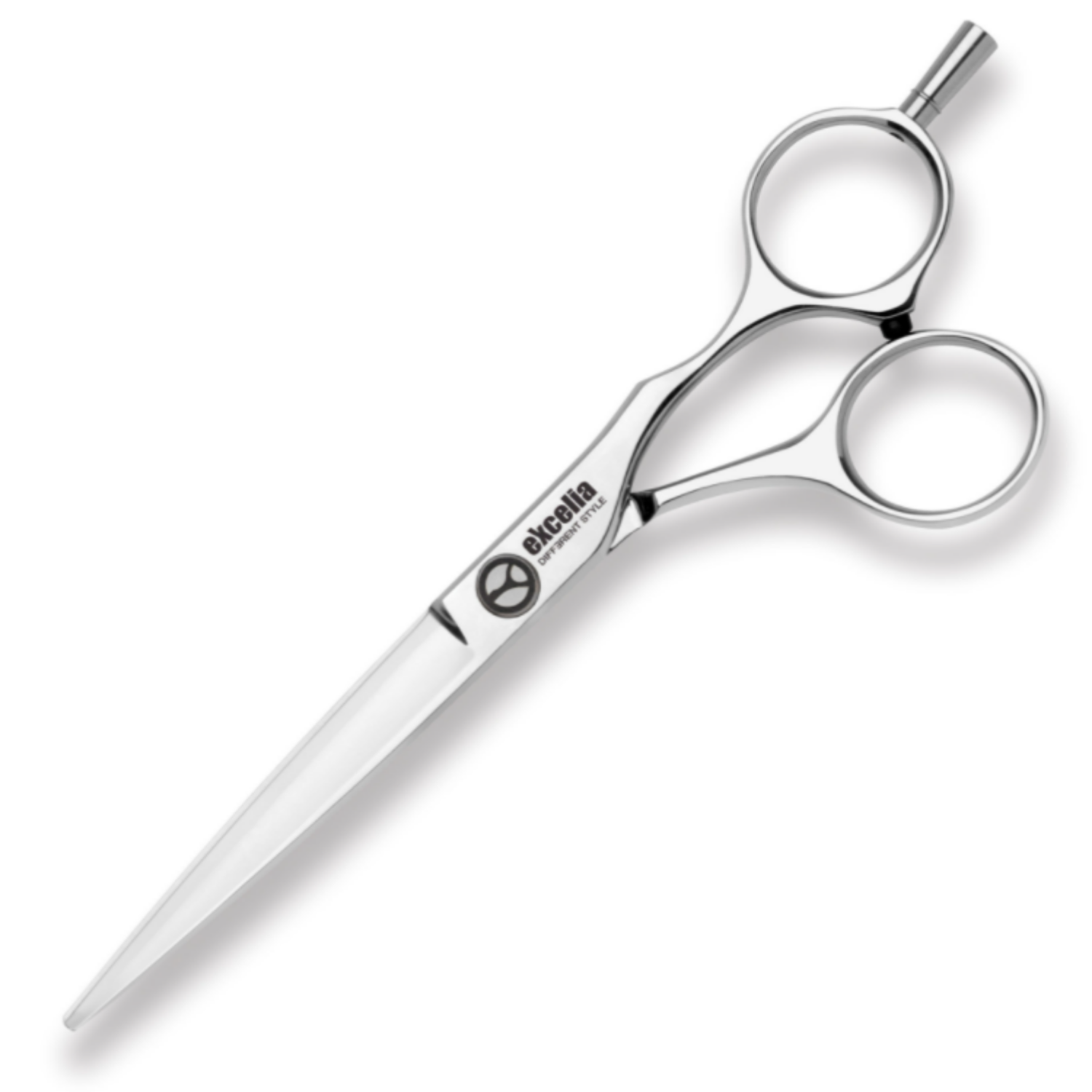 Kasho Excelia Series 6.0″ offset hair cutting scissors with polished convex blades, ergonomically curved offset handles, and detachable finger rest.