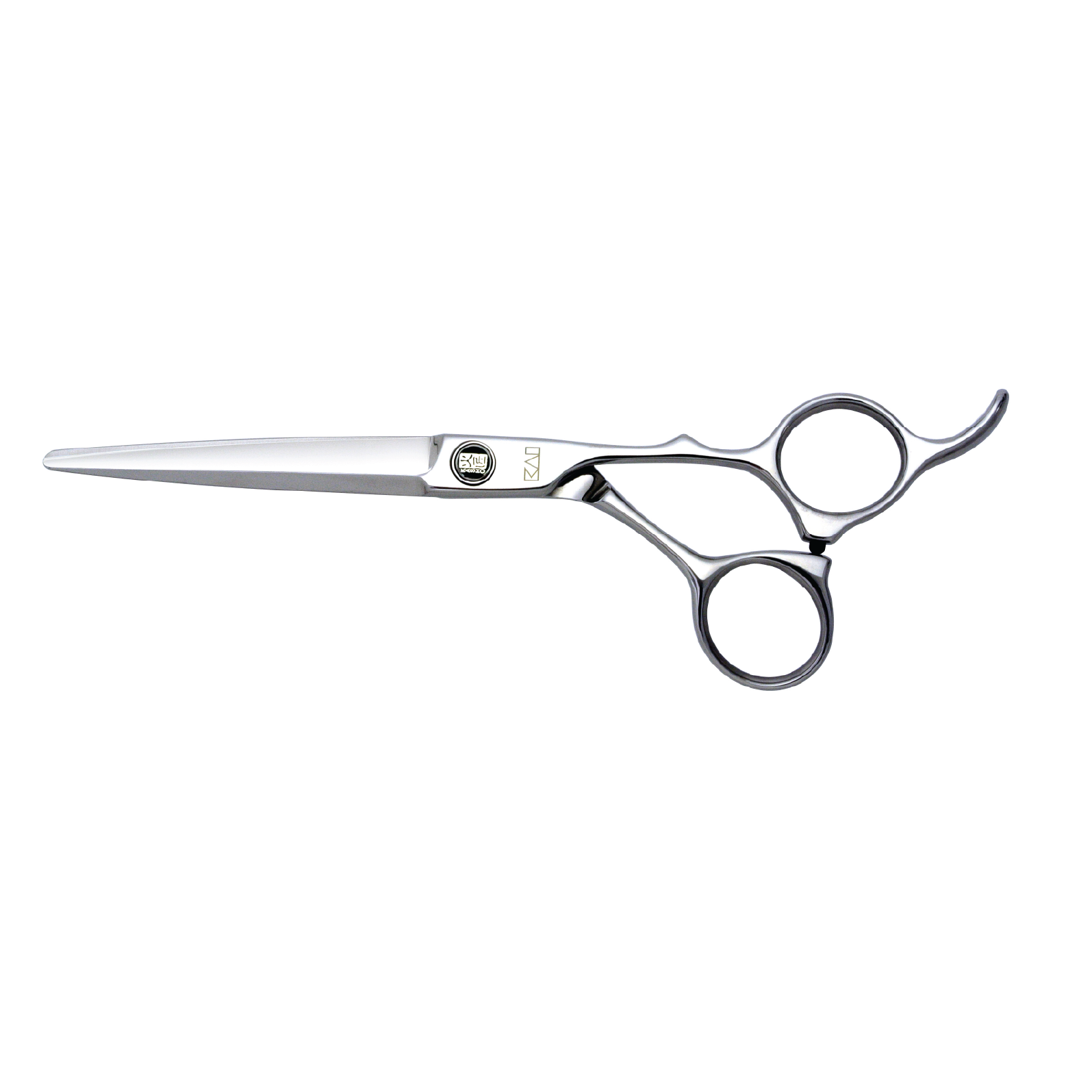 Close-up photograph of Kasho Sagano KSG‑65 OS 6.5‑inch offset hair cutting shears with mirror-polished blades, ergonomic handle, finger rest and ceramic inlay tension screw