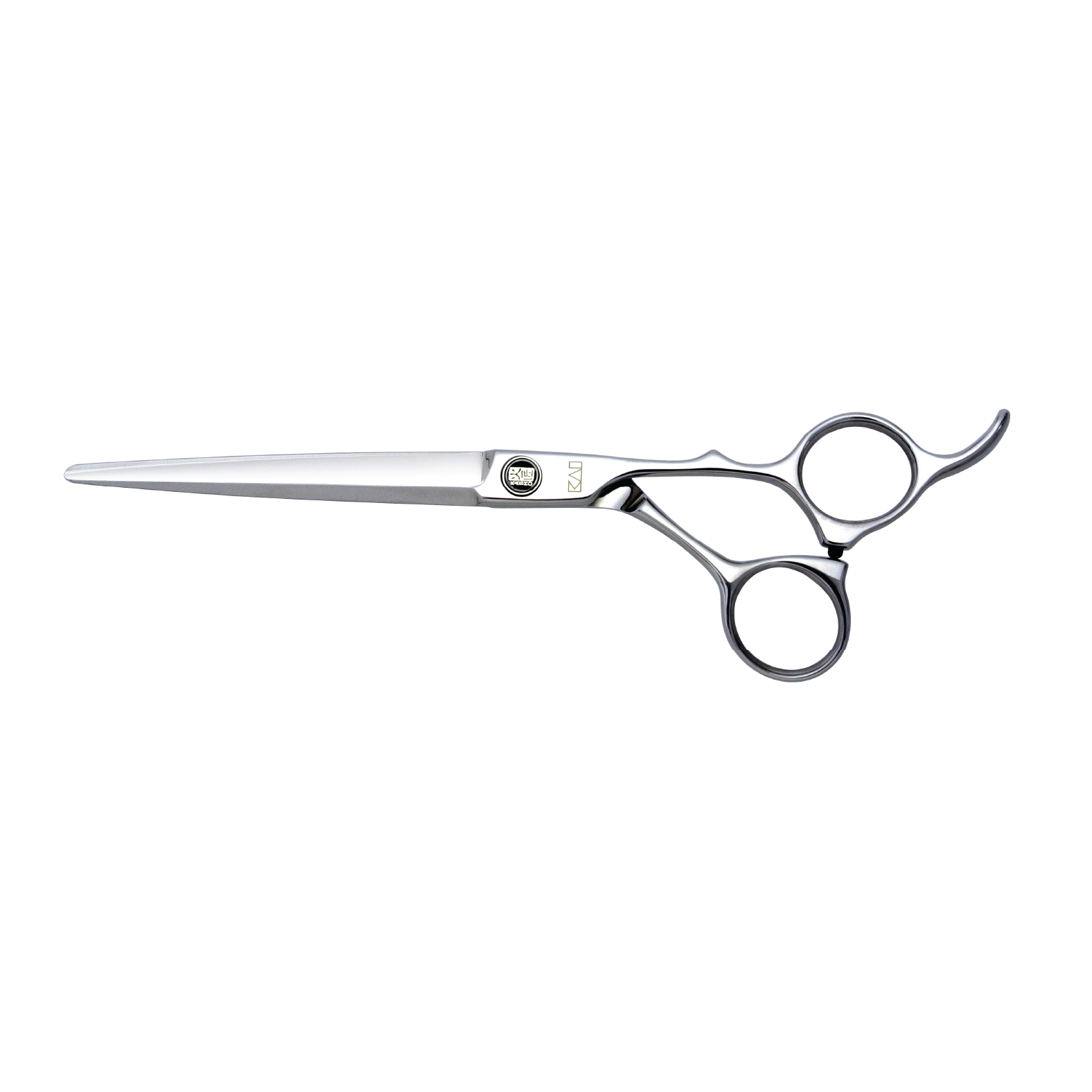 Kasho Sagano Series 7.0″ Offset Hairdressing Scissors KSG‑70 OS, mirror‑polished ATS‑314 steel blades with green ceramic‑inlaid flat screw and ergonomic offset handle