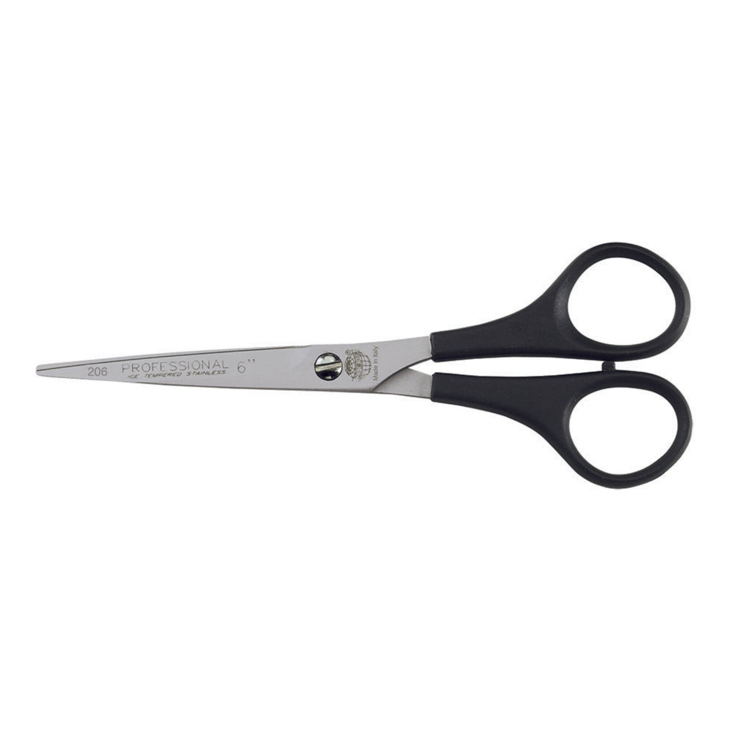 Close-up of Kiepe Academy 206 6-inch ergonomic hair cutting scissors, showing offset handles with integrated finger rest and micro-serrated stainless steel blades
