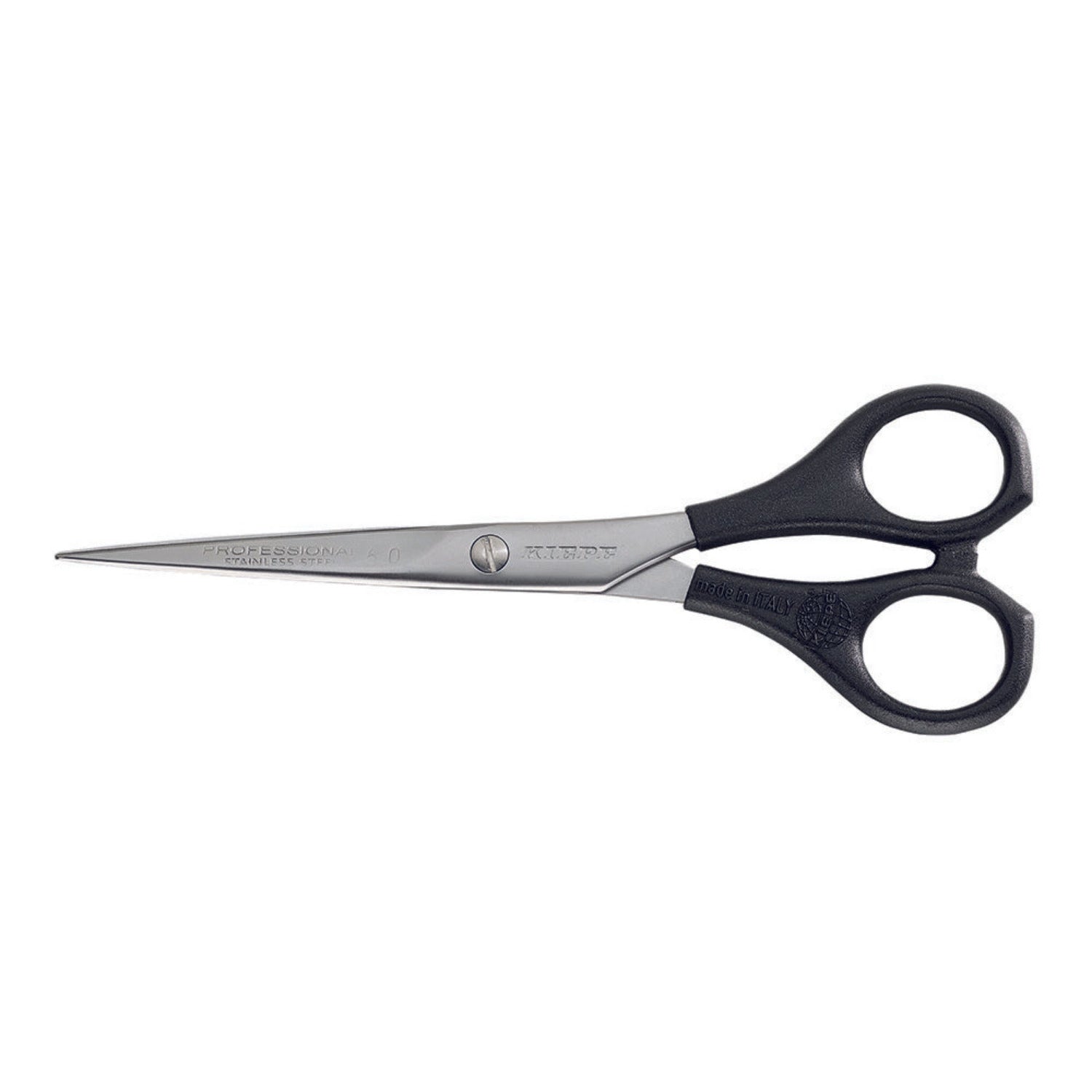 Kiepe 6‑inch Academy hairdressing scissors, stainless steel blades with micro‑serration, ergonomic black plastic handles
