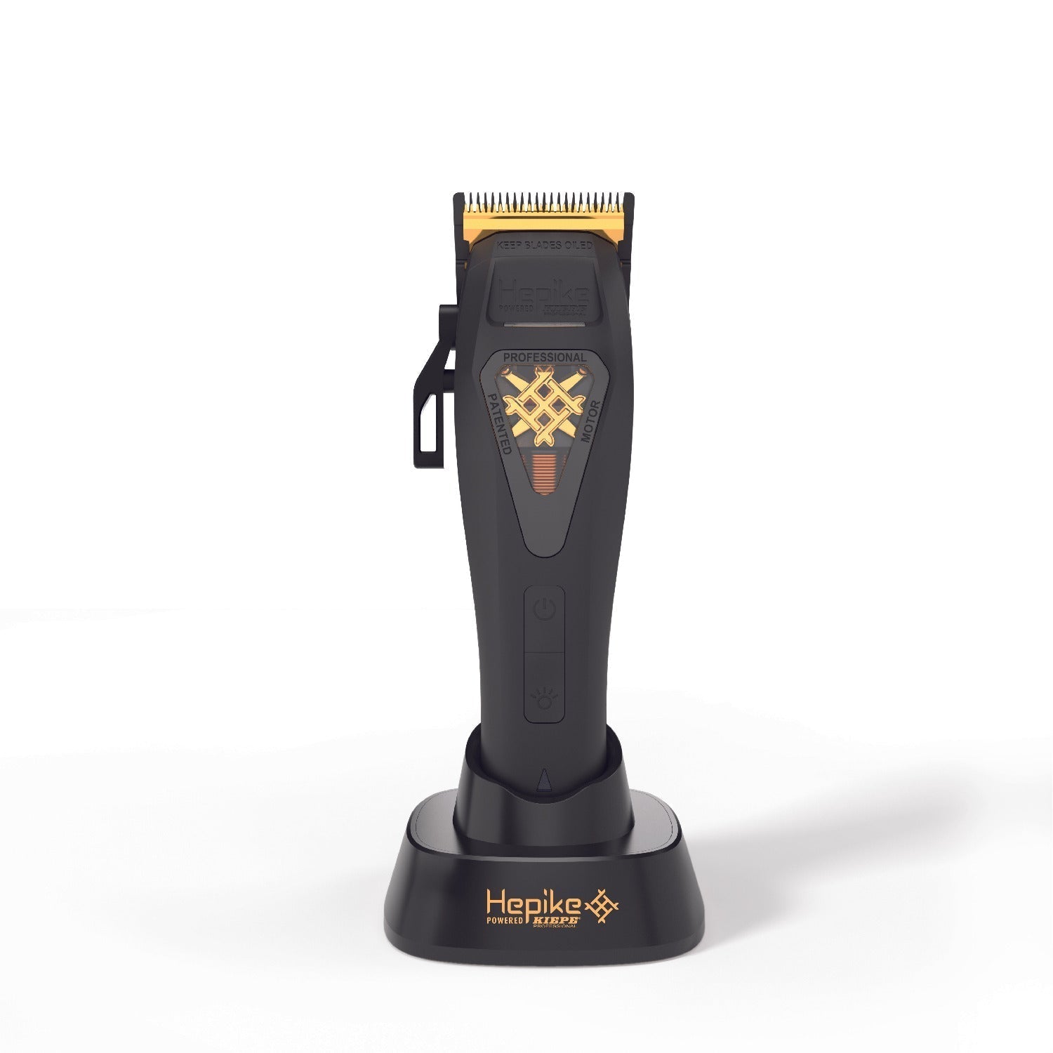  Kiepe HEPIKE Cordless Hair Clipper 6360 with high-power vector motor, stainless steel DLC blades, and ergonomic grip on charging base
