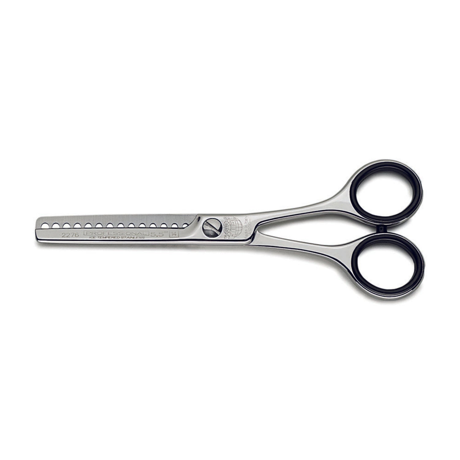 Kiepe MIRROR Professional Thinning Shear 2276 with 14 teeth in 5.5 inch and 6.5 inch sizes, mirror-polished stainless steel design with ergonomic handle
