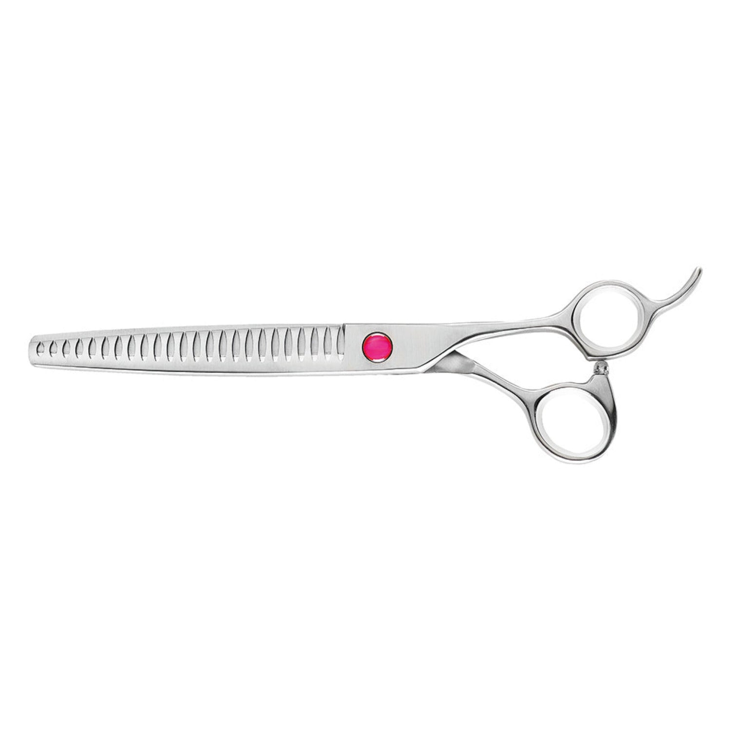 Close-up of Kiepe Professional Pet Grooming Scissors: 8‑inch semi‑offset stainless steel blades with matte finish, adjustable tension screw, razor convex and micro‑serrated edges.