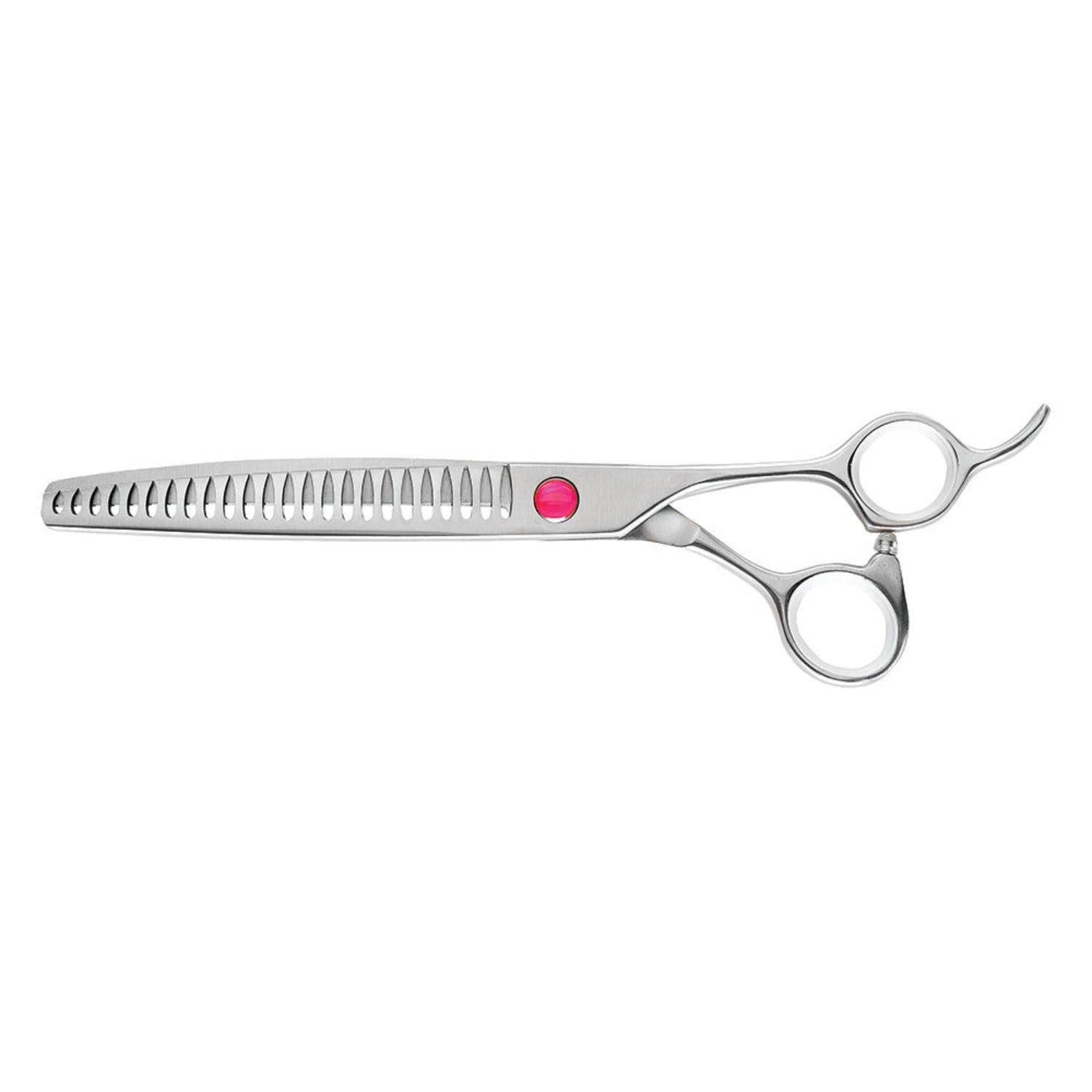 Close-up of Kiepe Professional 8‑inch curved pet grooming scissors, satin-finish high‑carbon steel blades with micro-serration and ergonomic straight handles, tension adjustment screw visible