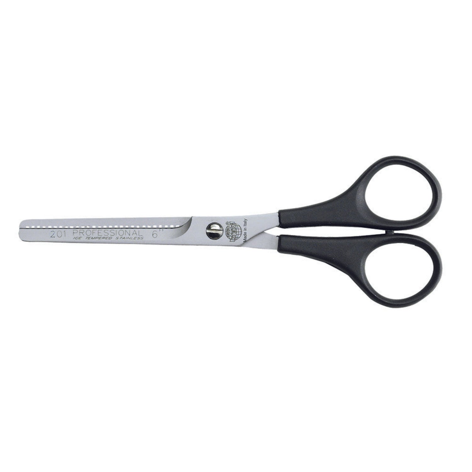 6‑inch Kiepe Professional hair scissors – stainless steel blades with micro‑serrated edge and ergonomic black plastic handle, made in Italy.
