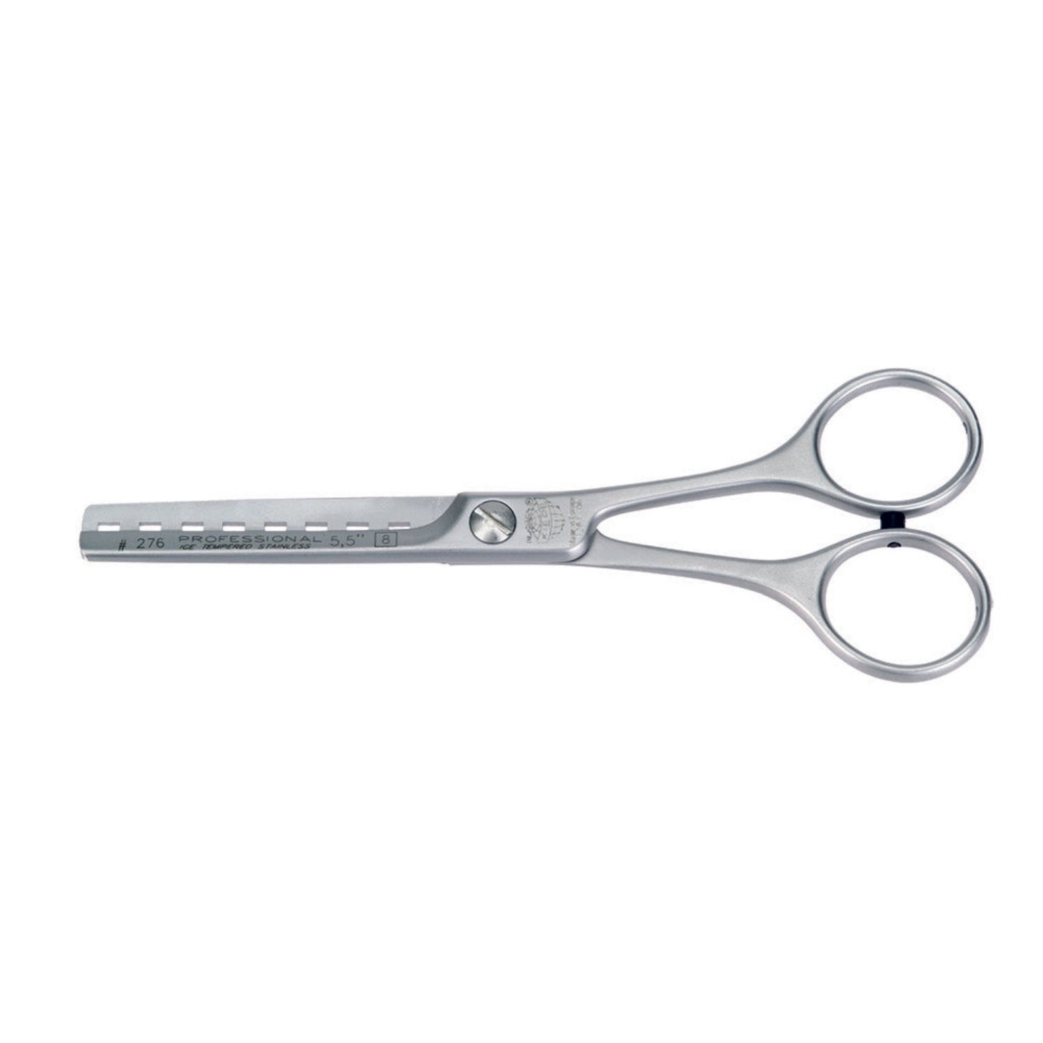 Close-up of Kiepe Professional Standard 5.5″ thinning scissors (Code 276), showing eight micro‑serrated teeth, adjustable tension screw, straight ergonomic handle with finger rest—black carbon‑stainless steel finish.
