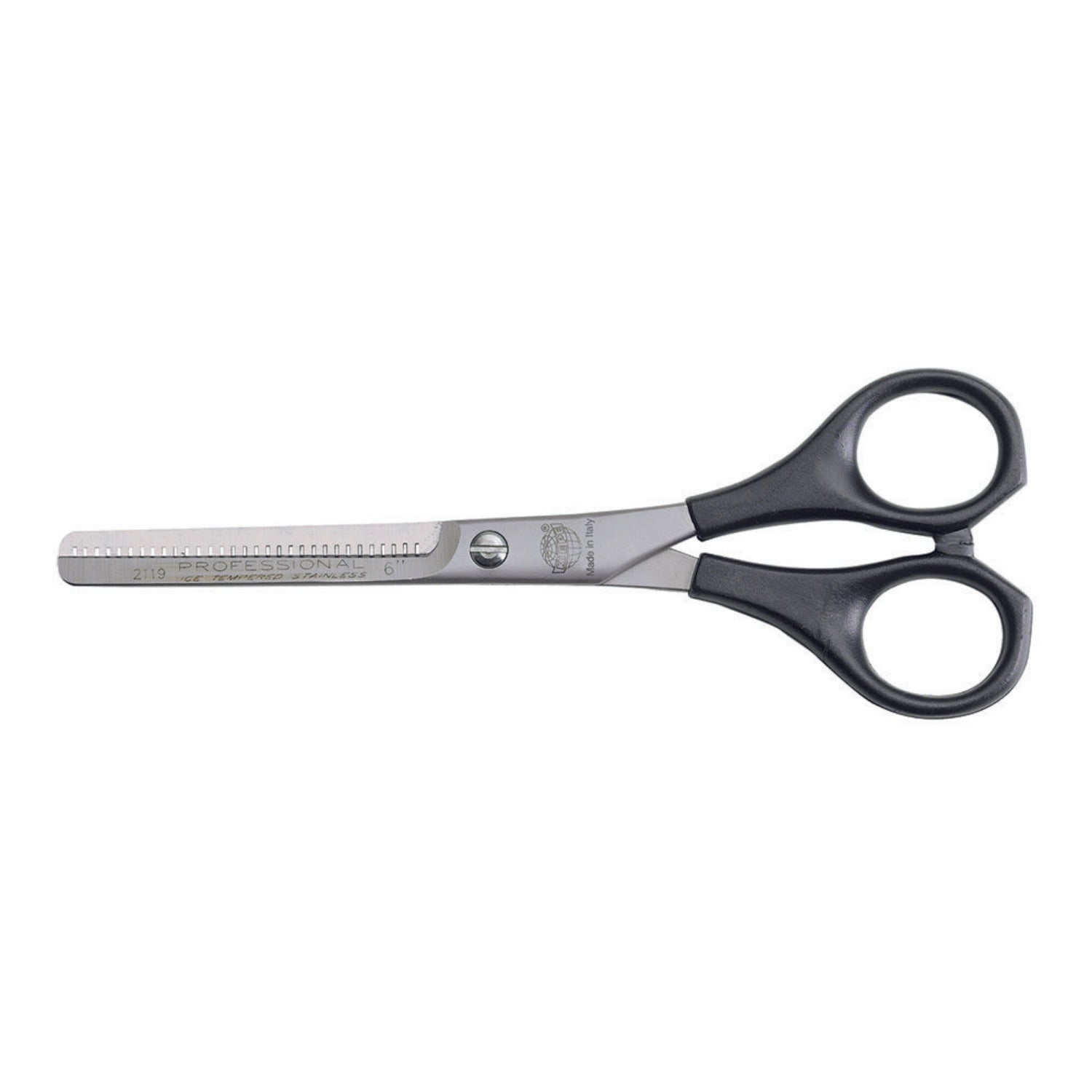 Side view of Kiepe 6‑inch professional thinning scissors with ergonomic plastic handle and micro-notched stainless steel blades