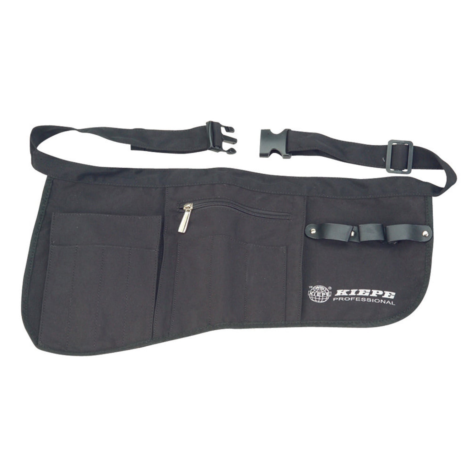 "Black Kiepe Professional Tool Belt Case (Code 5002) with multiple compartments for scissors, combs, and styling tools"