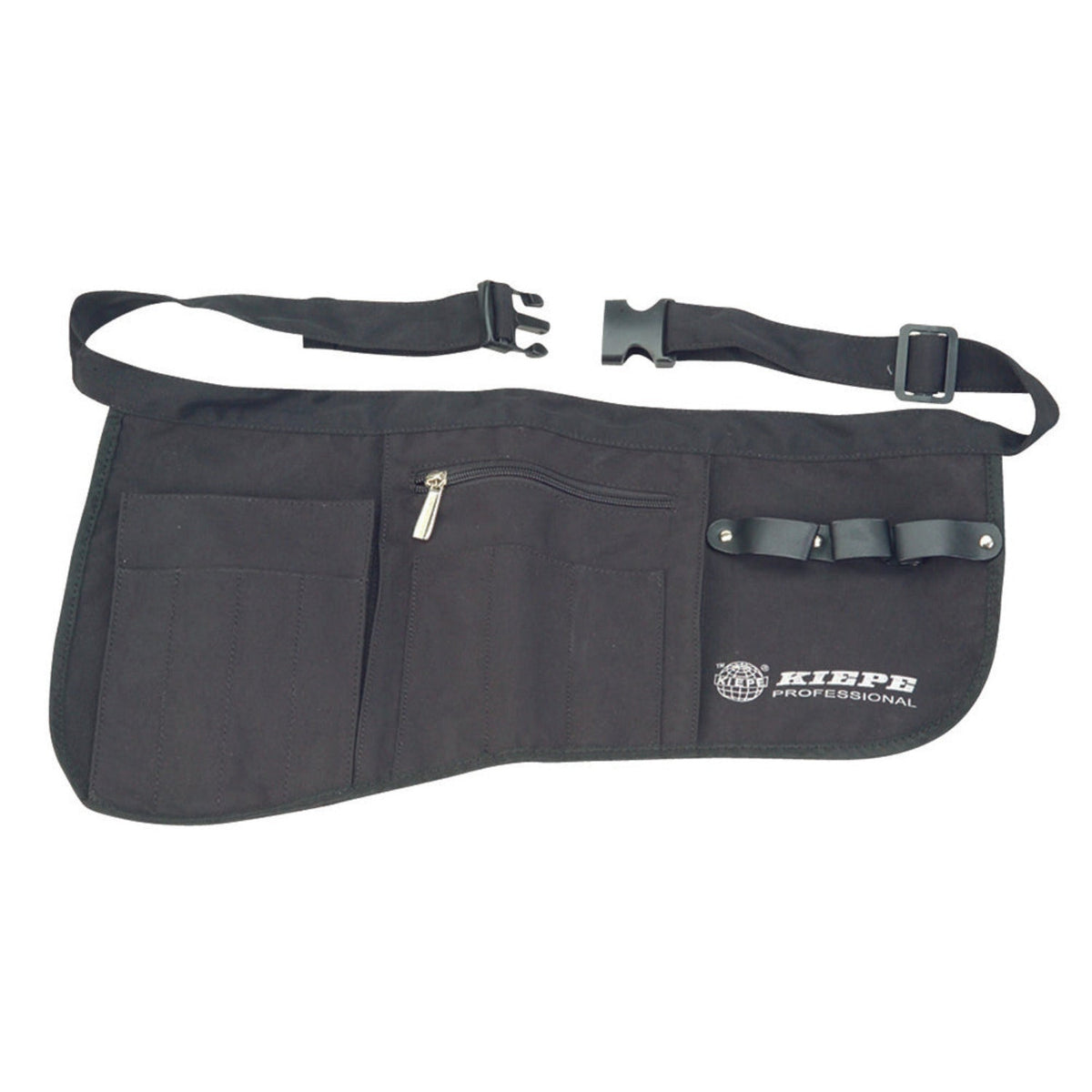 "Black Kiepe Professional Tool Belt Case (Code 5002) with multiple compartments for scissors, combs, and styling tools"