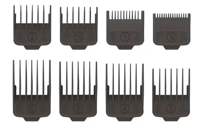 Top view of Kiepe Professional universal magnetic foil head (code 619.1) alongside eight color‑coded magnetic comb guards ranging from 1.5 mm to 25 mm, neatly arranged on a white background.”
