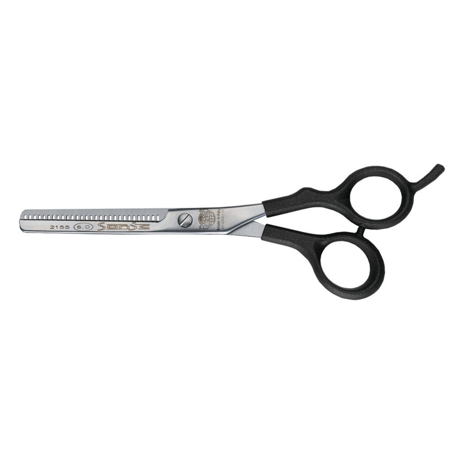 “Angled view of Kiepe 2155 Sonic Ergo‑Anatomic 6‑inch thinning scissors showcasing semi‑offset handles and 28 micro‑serrated stainless steel teeth