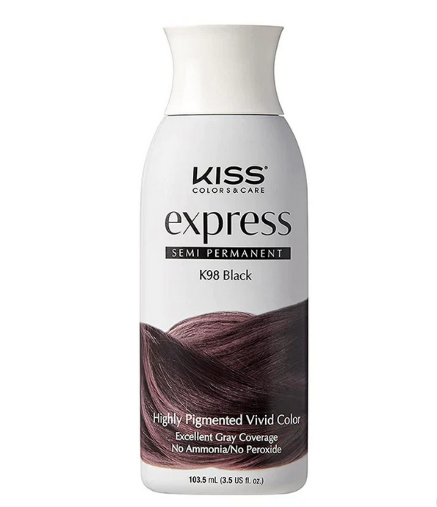 “104 ml bottle of Kiss Express Semi‑Permanent Hair Colour – deep brown shade with sleek label design”