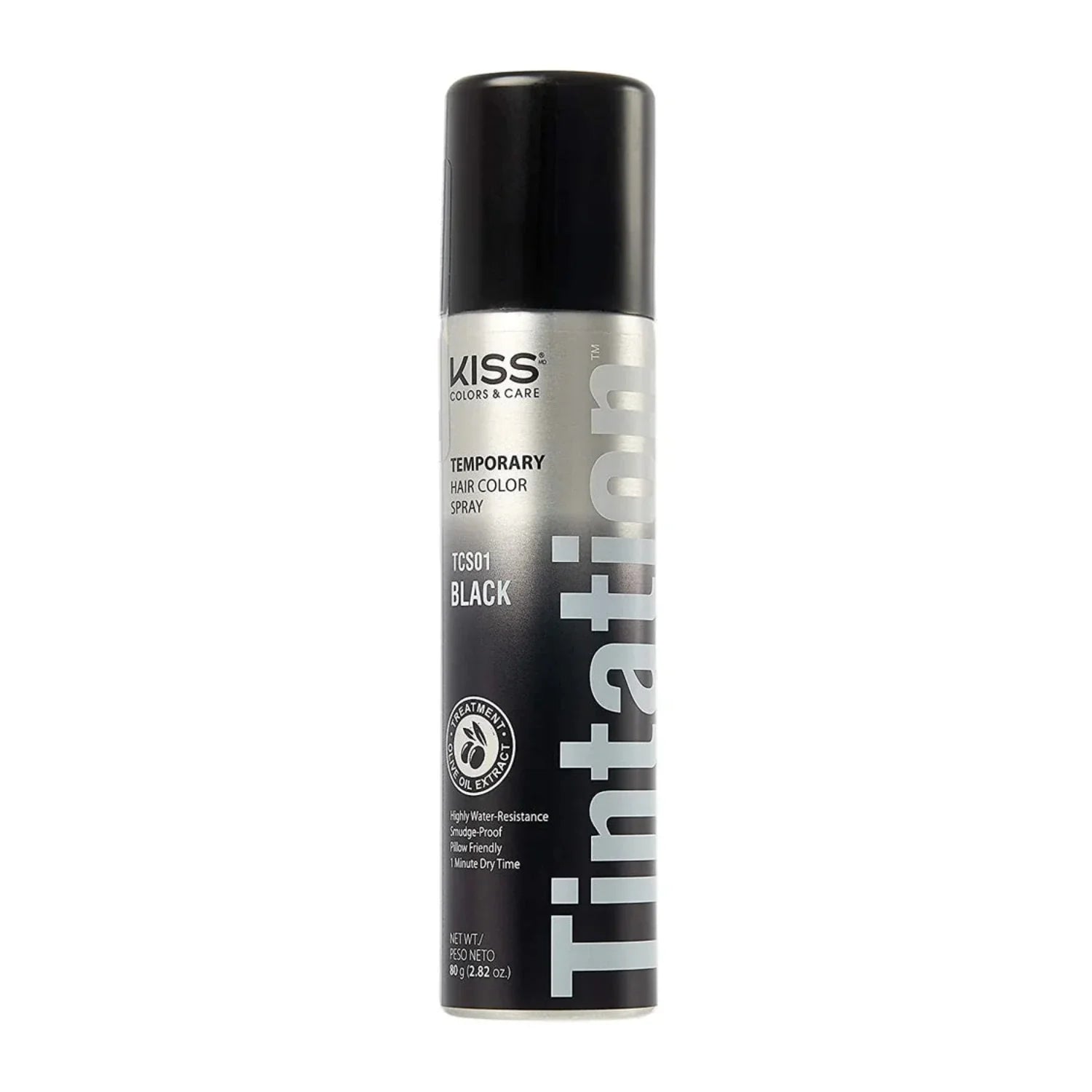 “Can of Kiss Tintation Root Cover‑Up Colour Spray 2.82 oz in black, sleek aerosol design with olive oil and Kiss logo.”