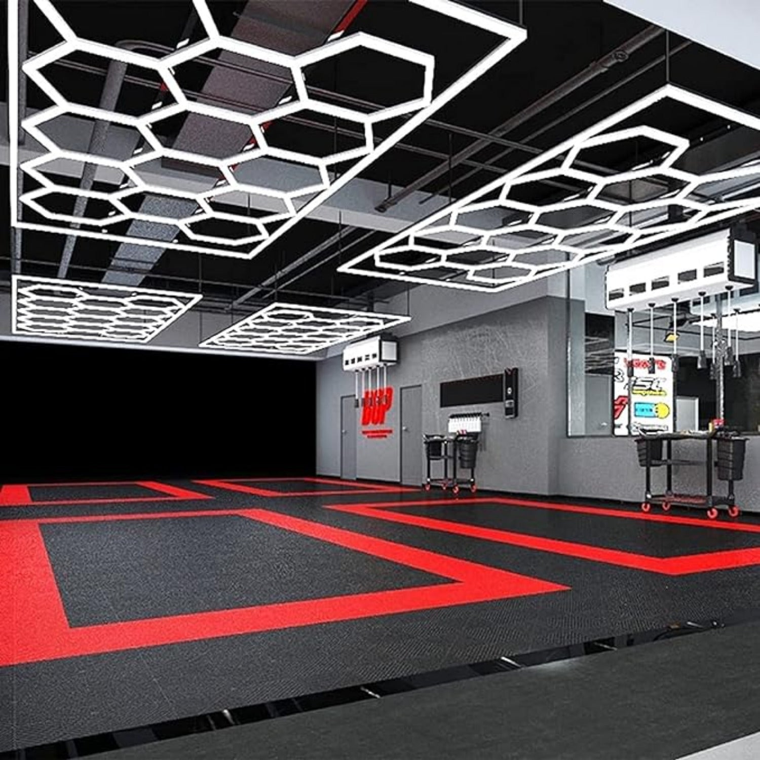  14-hexagon grid LED cellular light for garage, salon, barbershop, or studio with modern honeycomb design.