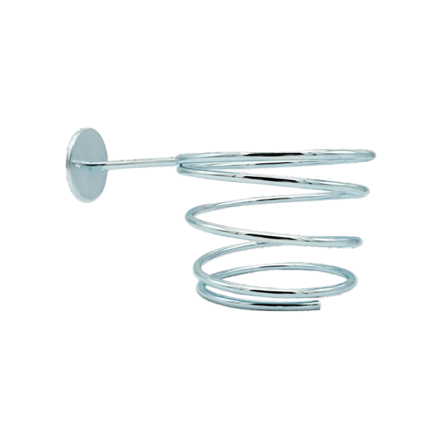 Metal wall-mounted hair dryer holder with spiral design and black matte finish, attached to a bathroom wall.