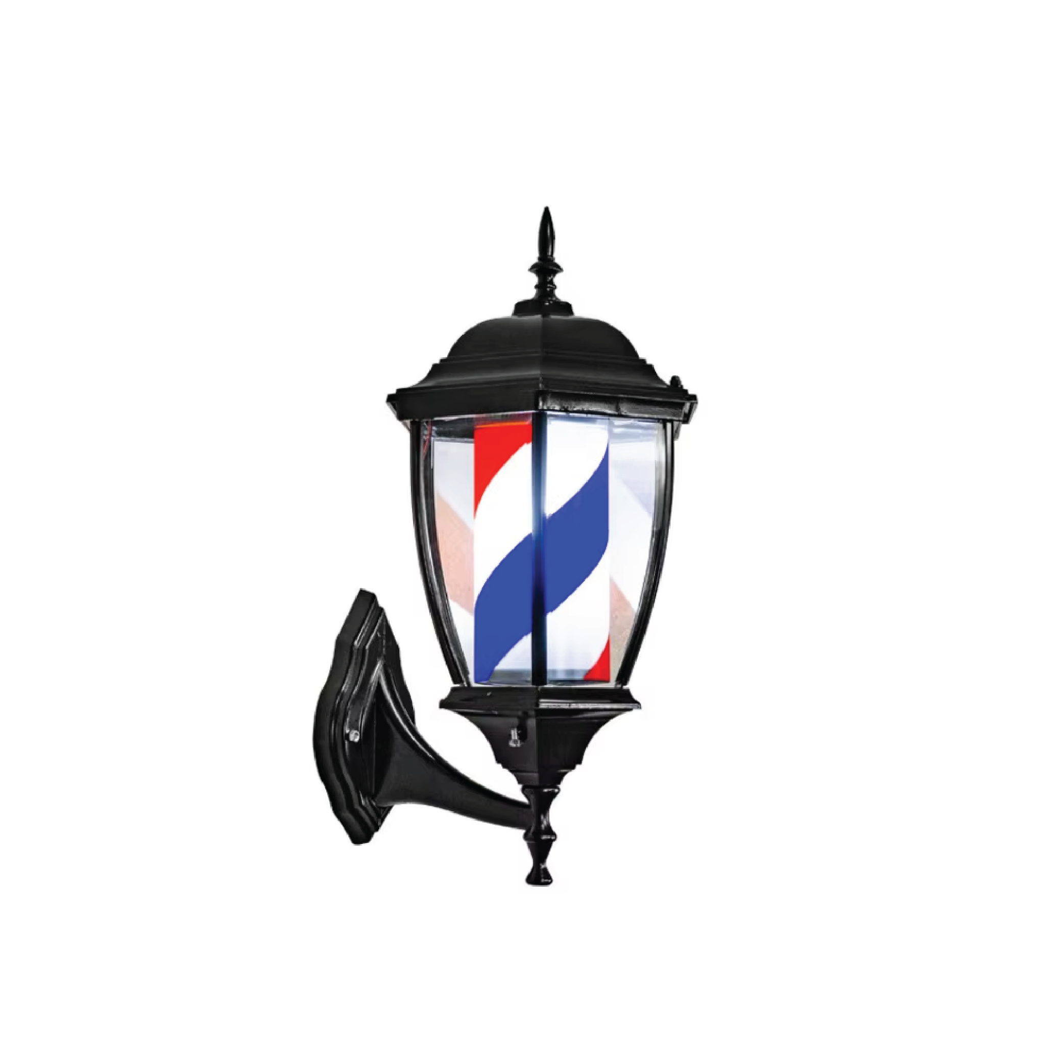Wall-mounted LED barber pole light with rotating red, white, and blue stripes inside a clear acrylic cylinder, mounted on painted iron base with visible power cord and rotating motion.