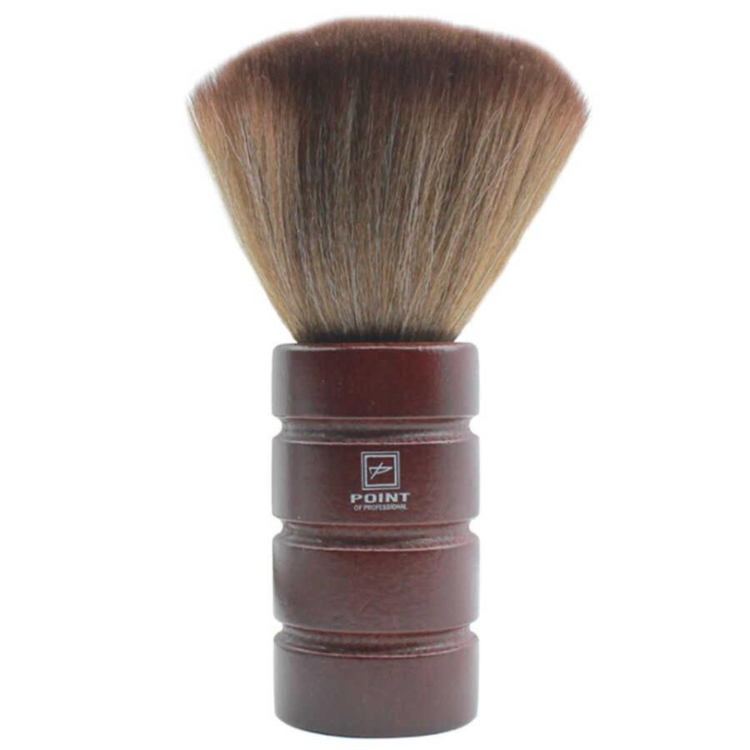 Professional neck duster brush with soft nylon bristles and a polished wooden handle, ideal for barbers and stylists.