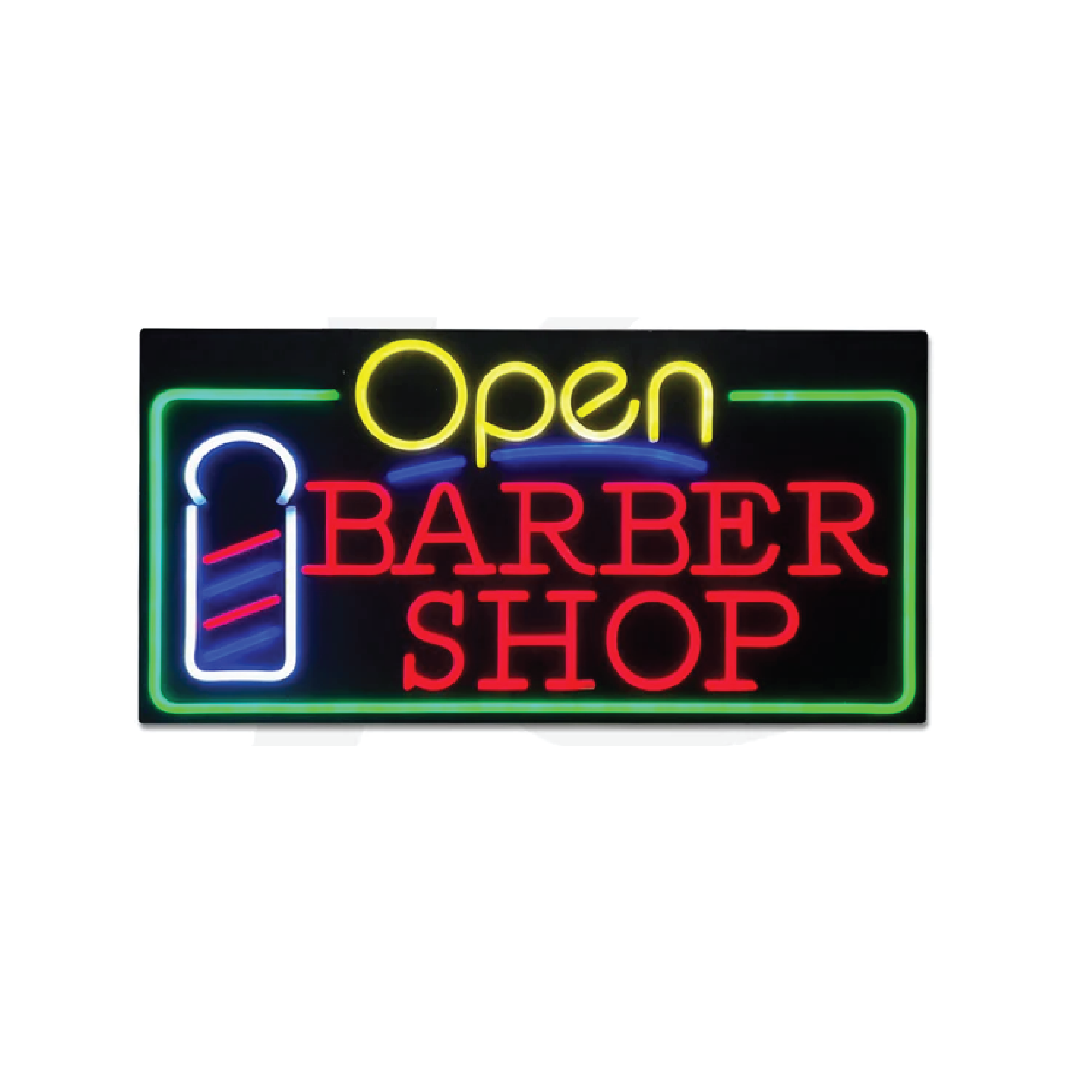 Neon LED sign with glowing “OPEN BARBER SHOP” text, mounted on transparent acrylic backing, size 80×40 cm.