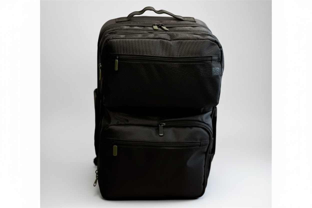 Black backpack on a light gray background