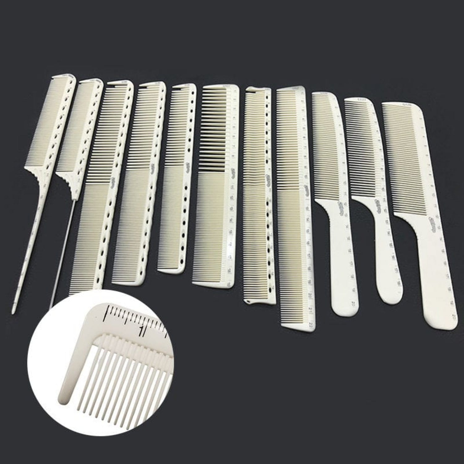  Professional barber comb set with fine and wide tooth designs for precision hair cutting and styling.