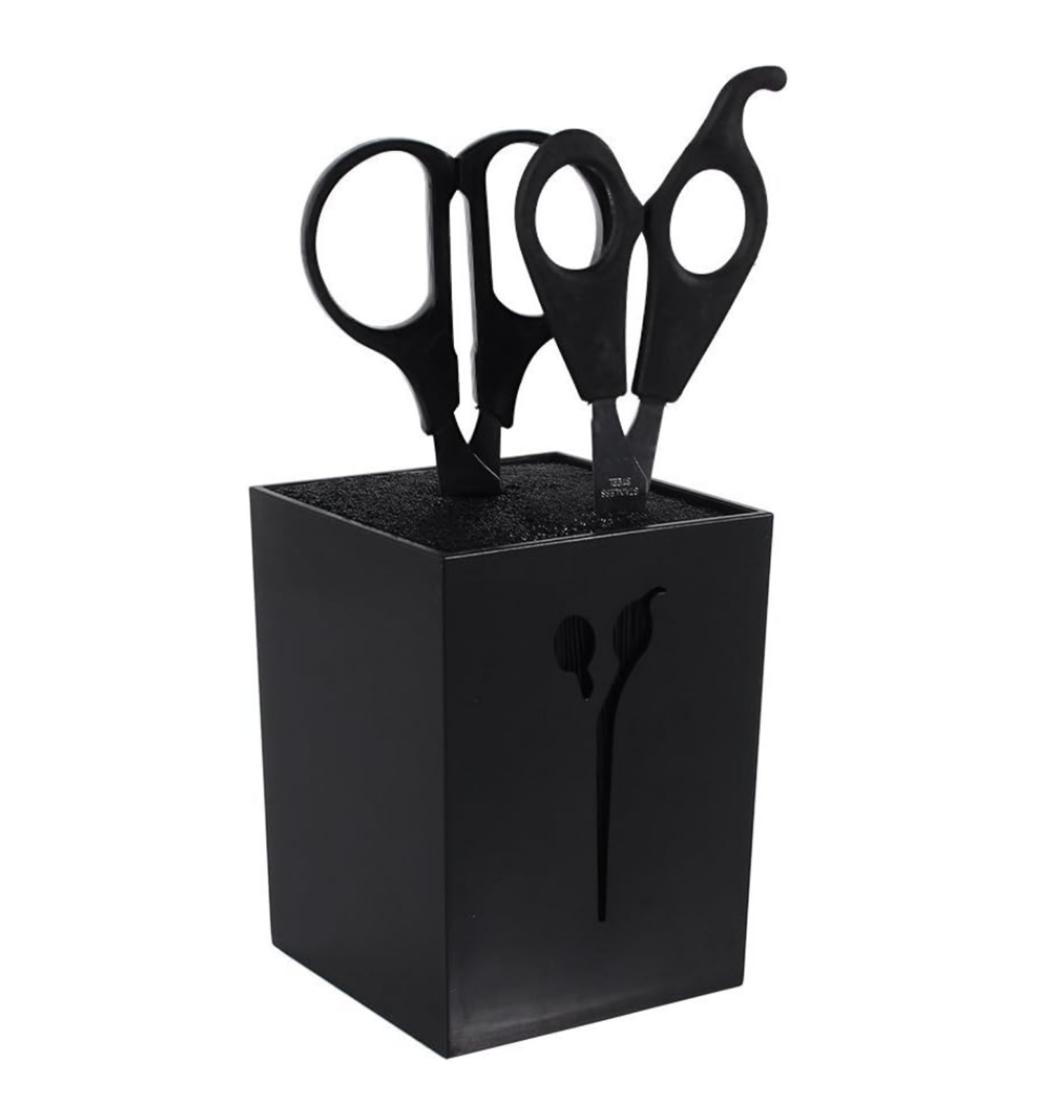 Black professional scissors holder and organizer case with compartments for salon hair tools, combs, and clamps