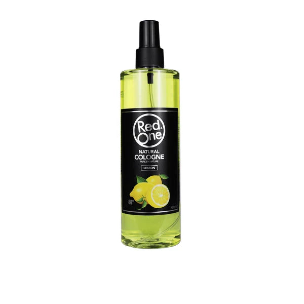Bottle of Red One natural cologne with lemon design on a white background