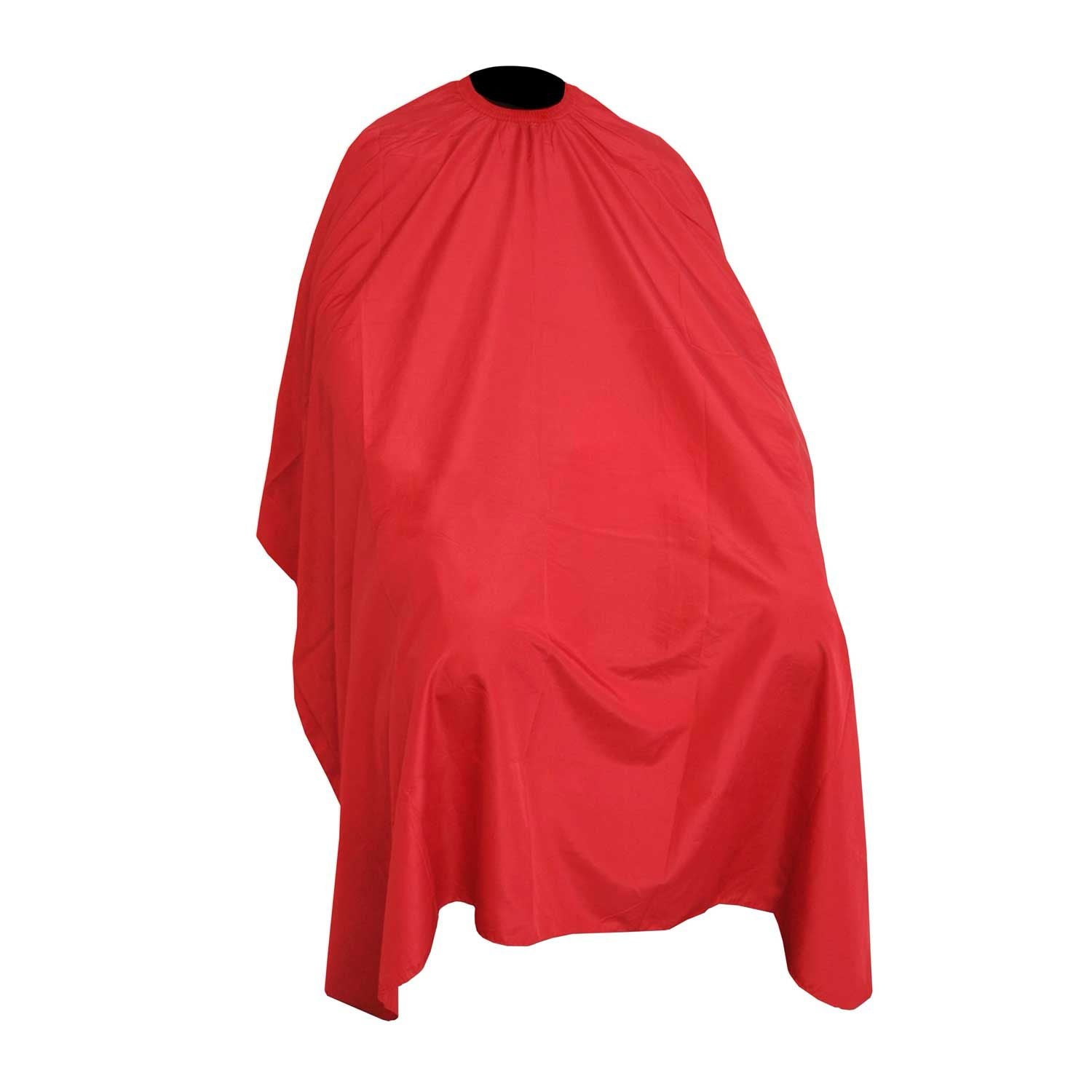 Red barber cape with adjustable hook closure for professional hairdressing