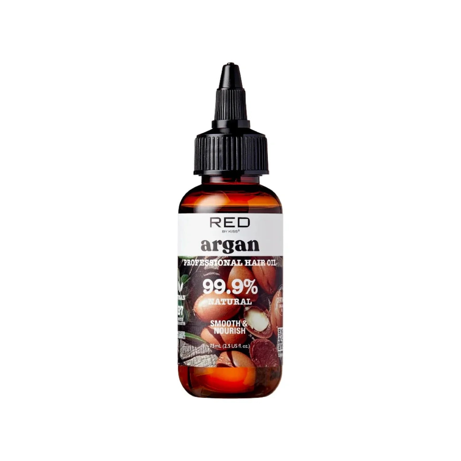 “Bottle of Red by Kiss Natural Hair Oil – Argan (2.5 oz) with golden oil inside, displaying the brand logo and product name against a clean white background”