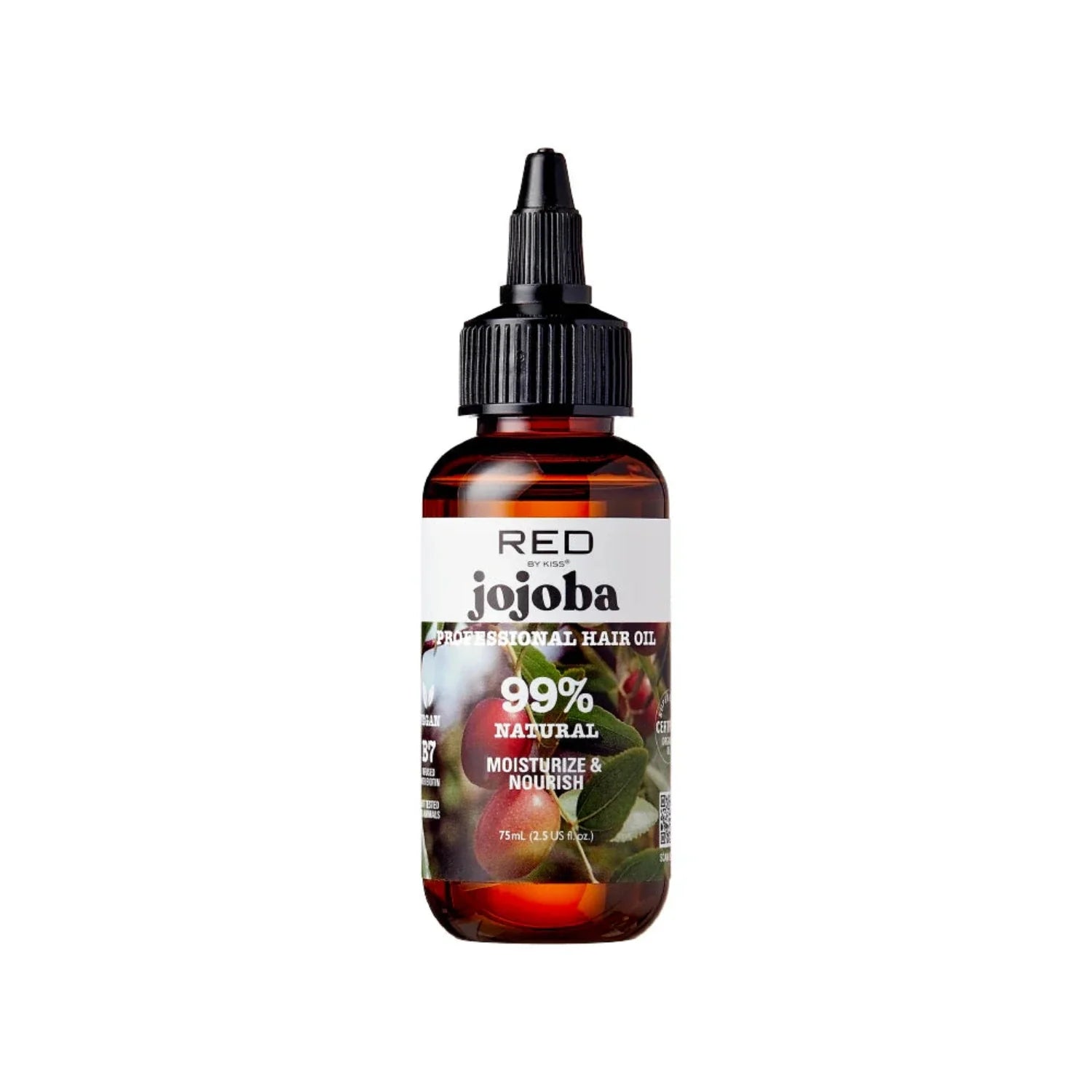 “Red by Kiss Natural Hair Oil – Jojoba Blend 2.5 oz bottle with natural oil drop, professional hair treatment.”