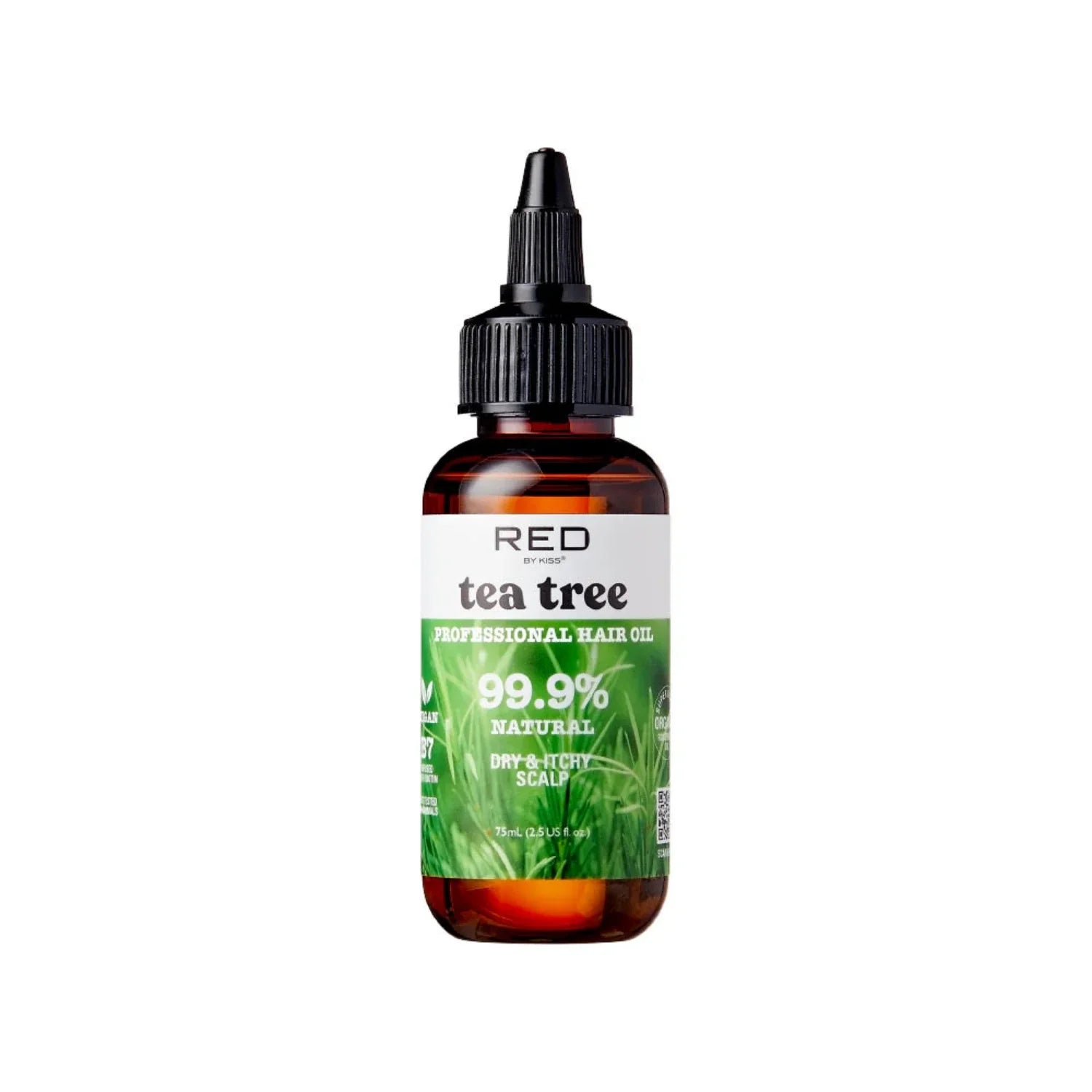  “Red by Kiss Natural Hair Oil Tea Tree – sleek 2.5 oz amber bottle with black flip-top cap, set against a white background.”