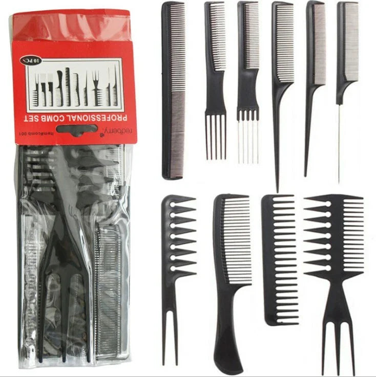 Set of black hair combs with packaging on a white background
