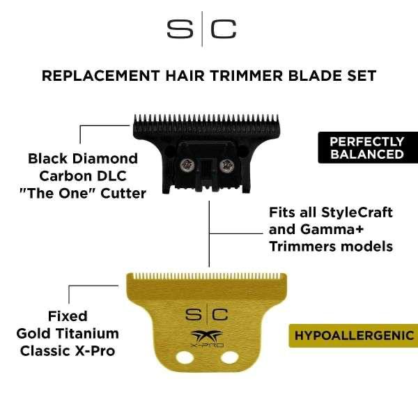StyleCraft Replacement Gold Titanium Trimmer Blade with Black Diamond Carbon DLC – Model SC529GB
