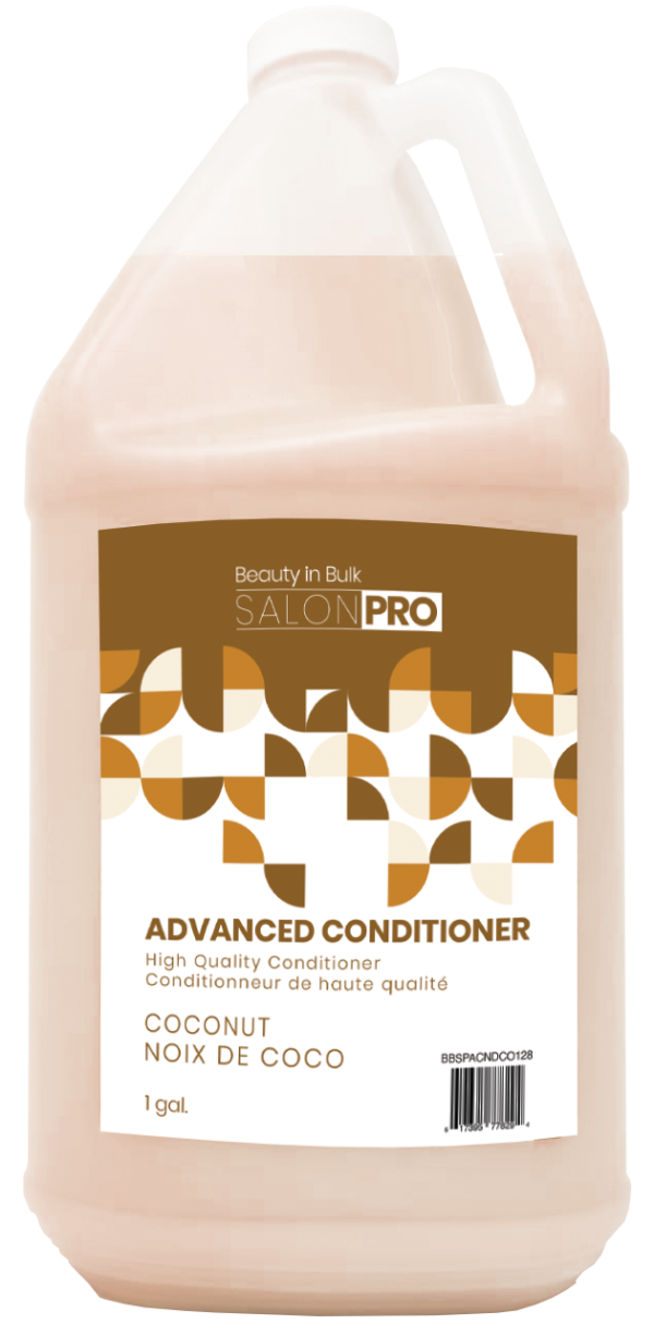 Gallon container of Salon Pro Advanced Conditioner with coconut flavor on a white background