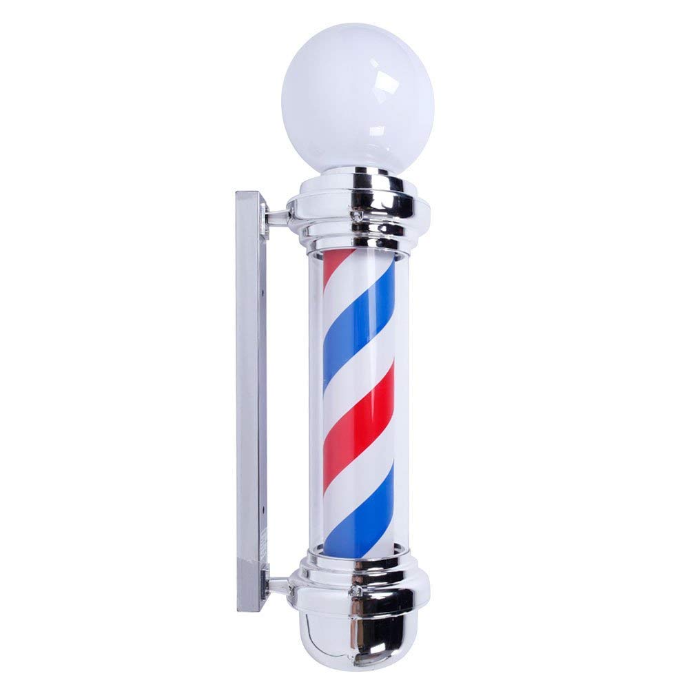 Bright stainless-steel barber pole with red-white-blue LED spiral and glowing white globe atop, ready for wall-mount display